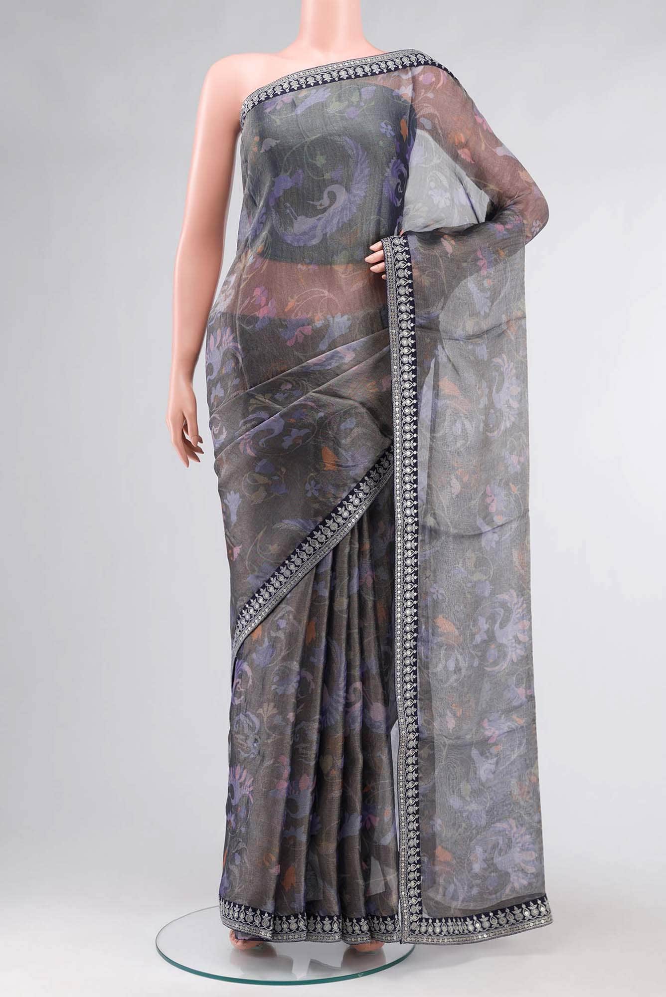 Navy Blue with Silver Dual Tone Organza Silk Saree