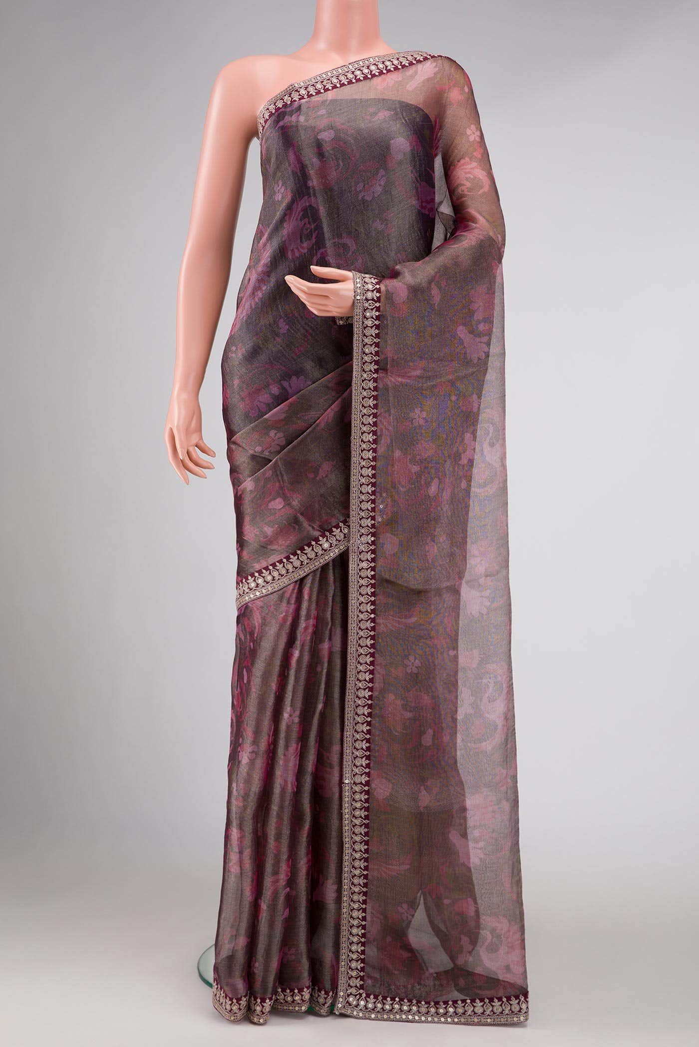 Burgundy Dual Tone Organza Silk Saree