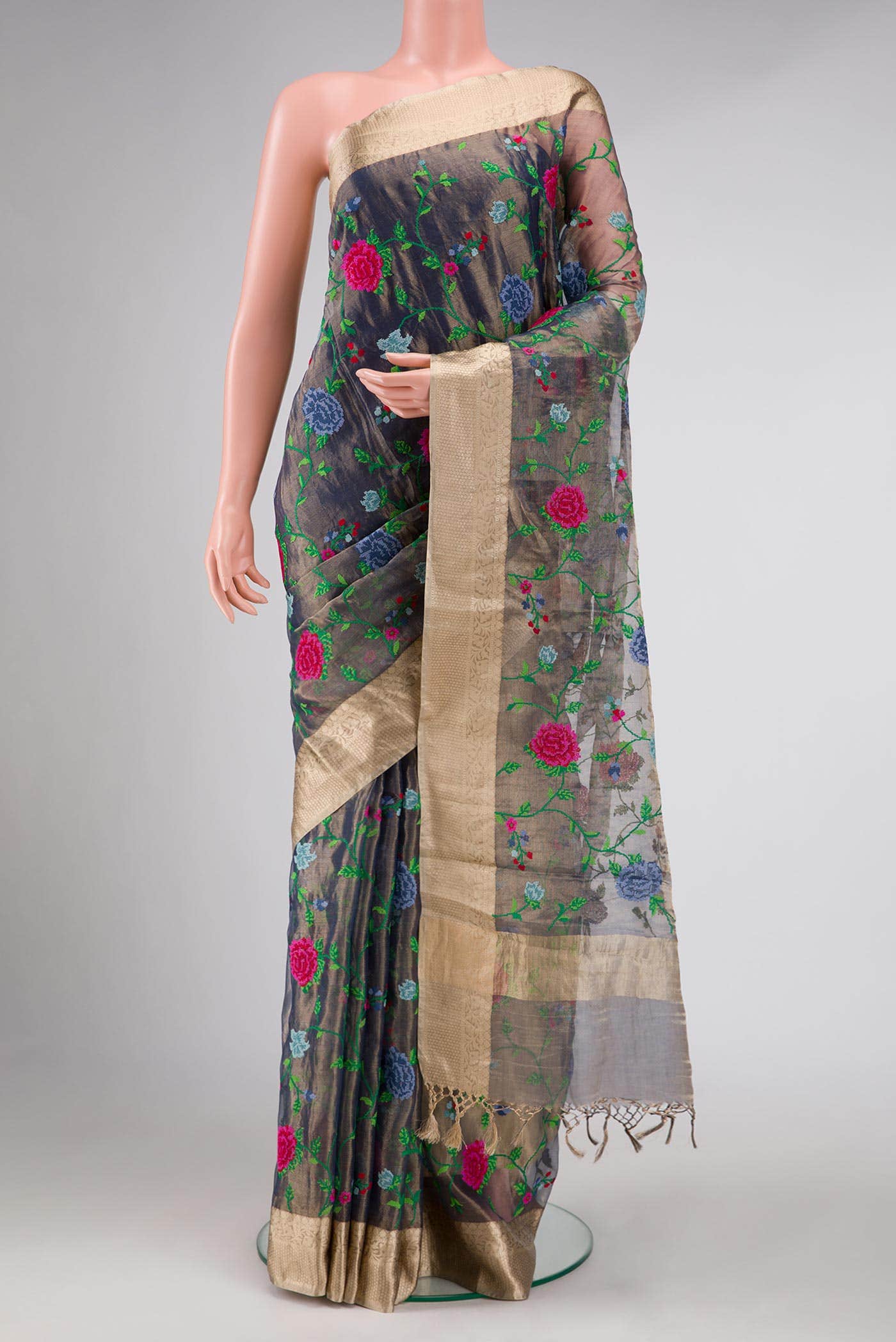 Grey Dual Tone Organza Silk Saree