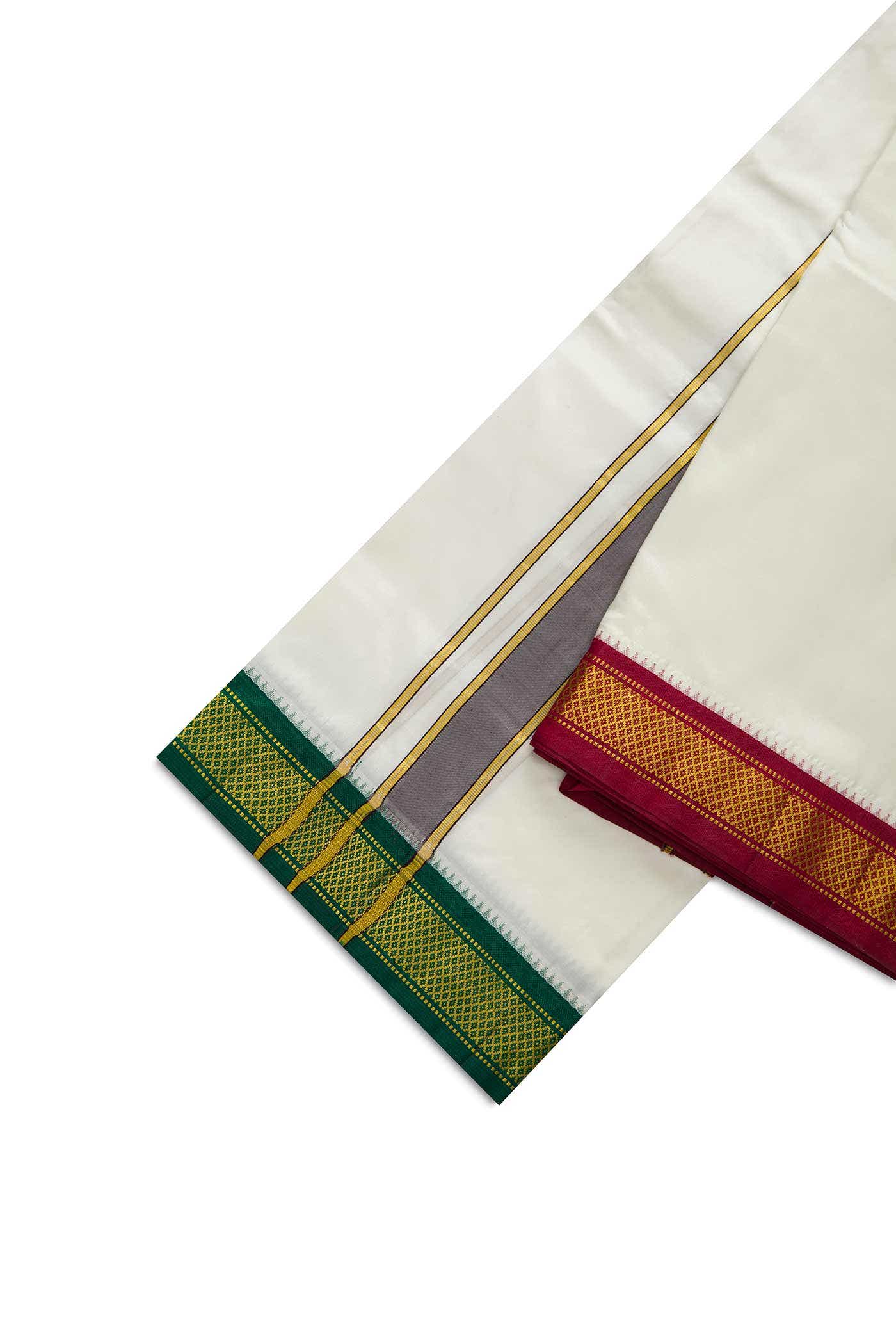 Cream Silk Dhoti With Angavastram (9X 5) Muzham