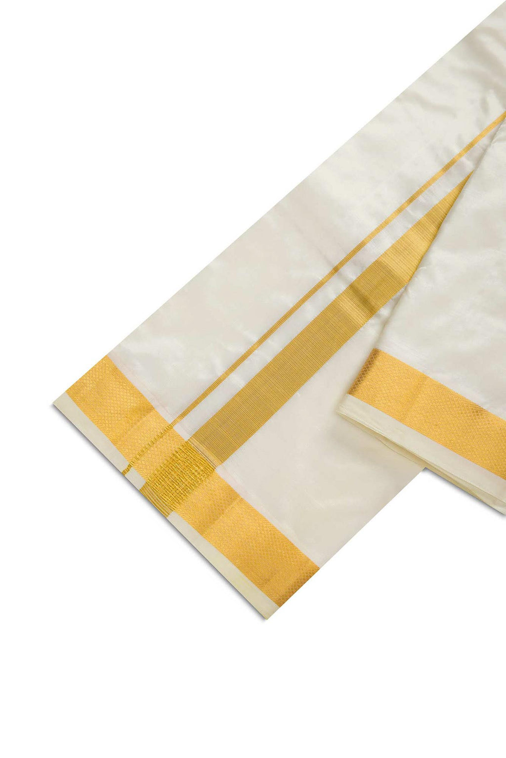 Cream Silk Dhoti With Angavastram (10X 6) Muzham