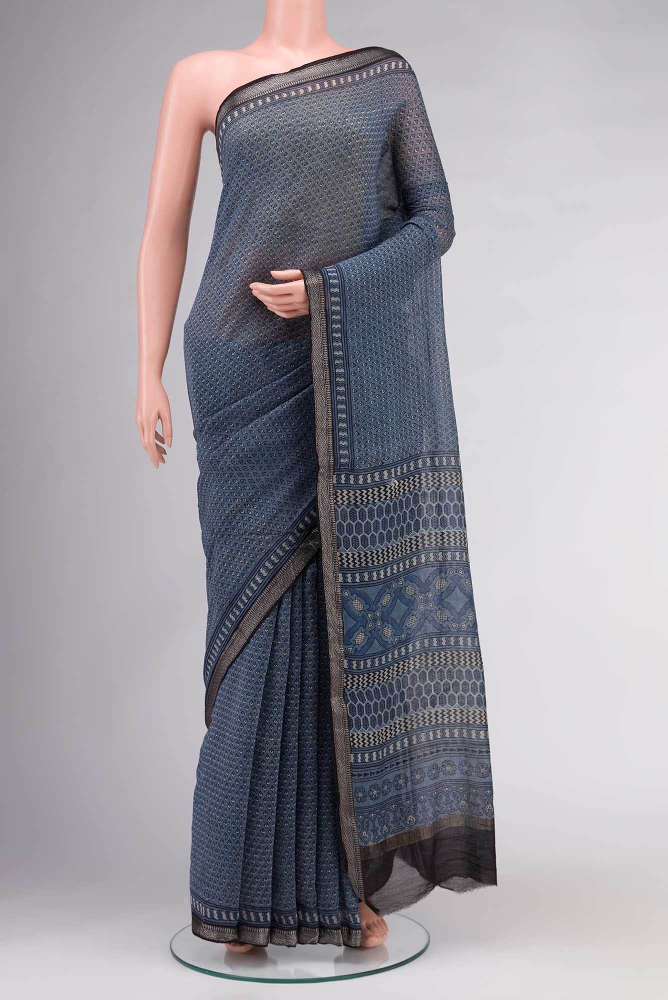Blue Grey Maheshwari Silk Cotton Saree