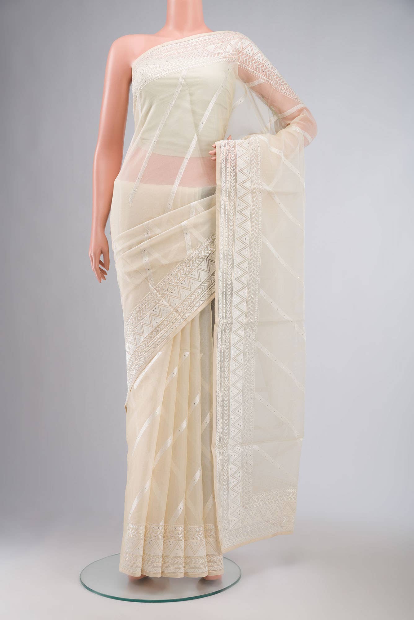 Cream Organza Silk Saree