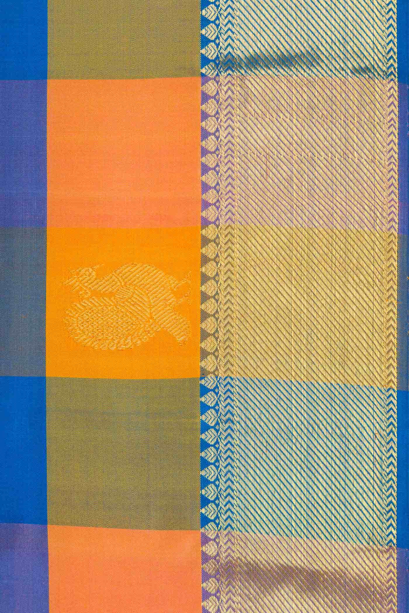 Sky Blue , Pink and Mustard Dual Tone Kanchipuram Silk Saree