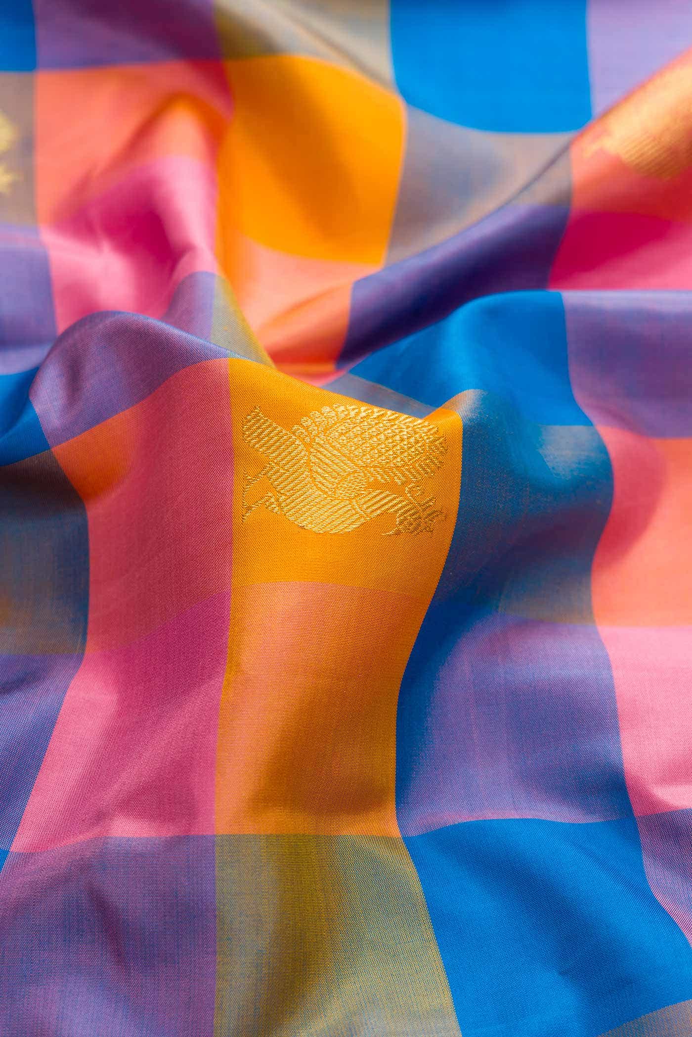 Sky Blue , Pink and Mustard Dual Tone Kanchipuram Silk Saree