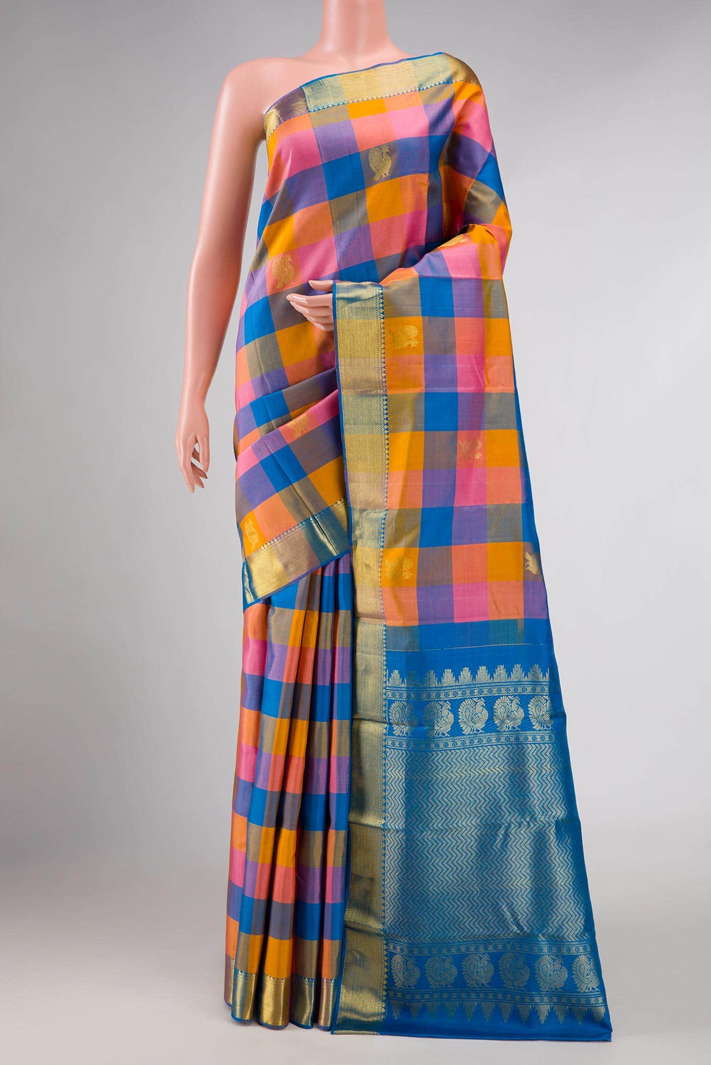 Sky Blue , Pink and Mustard Dual Tone Kanchipuram Silk Saree