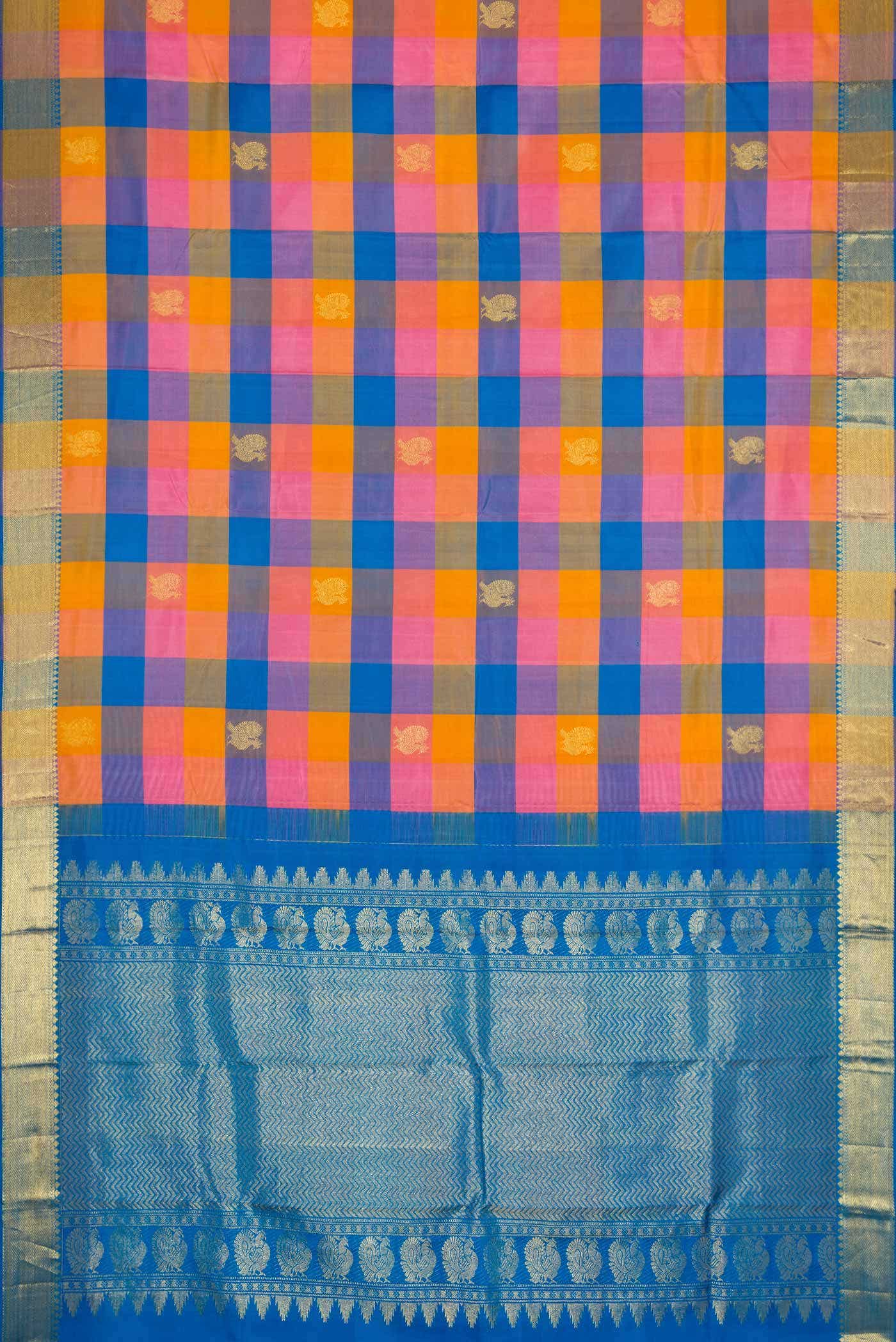 Sky Blue , Pink and Mustard Dual Tone Kanchipuram Silk Saree