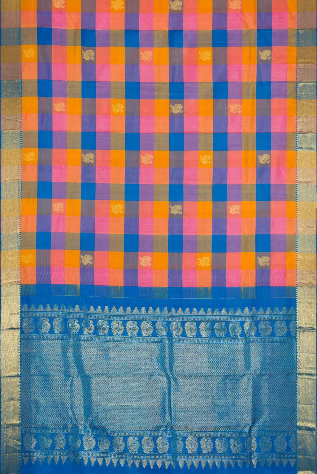 Sky Blue , Pink and Mustard Dual Tone Kanchipuram Silk Saree
