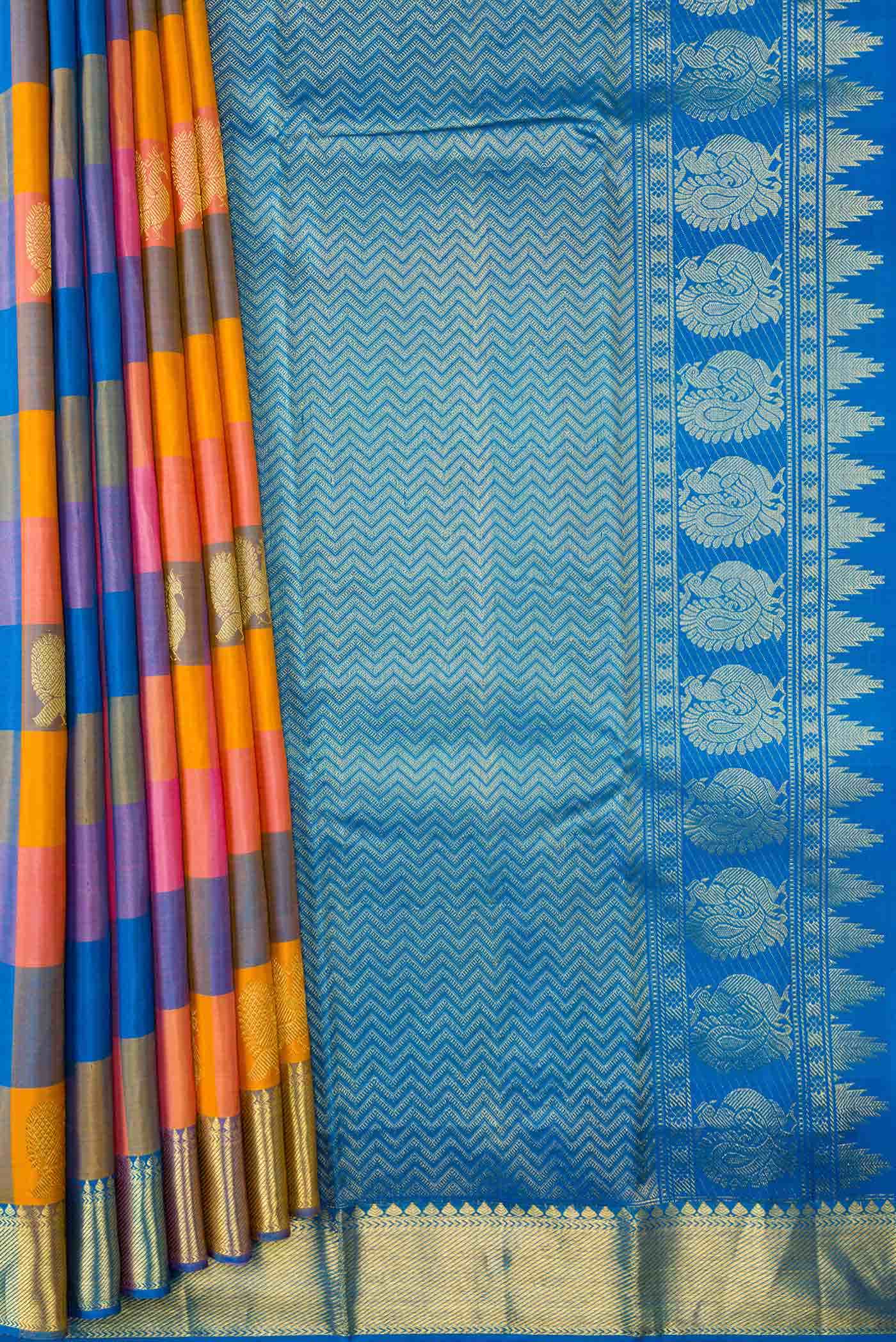 Sky Blue , Pink and Mustard Dual Tone Kanchipuram Silk Saree