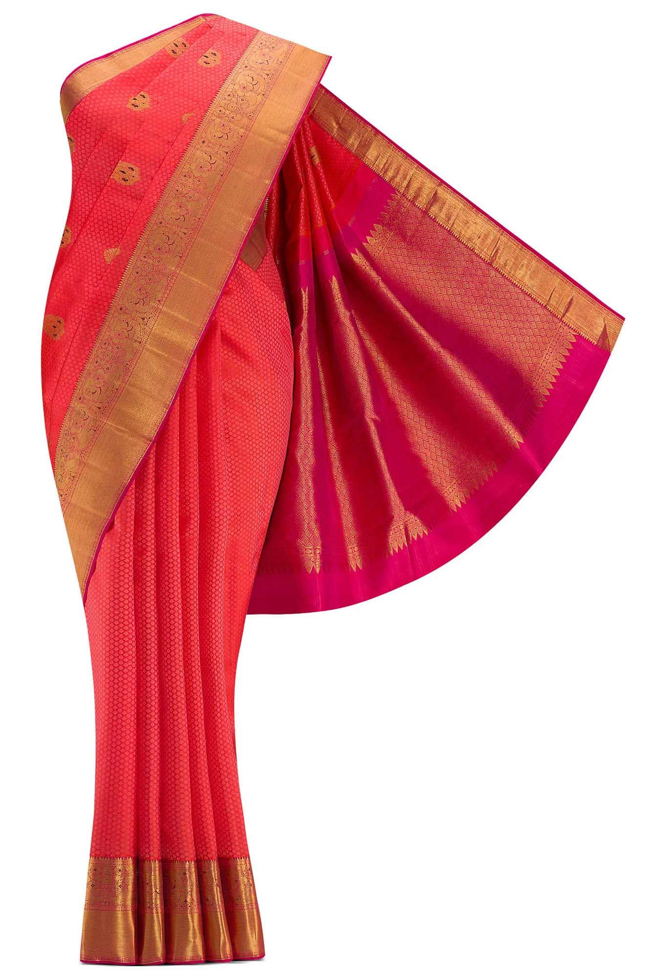 Pure Silk Pure Zari Coral Dual Tone Kanchipuram Saree