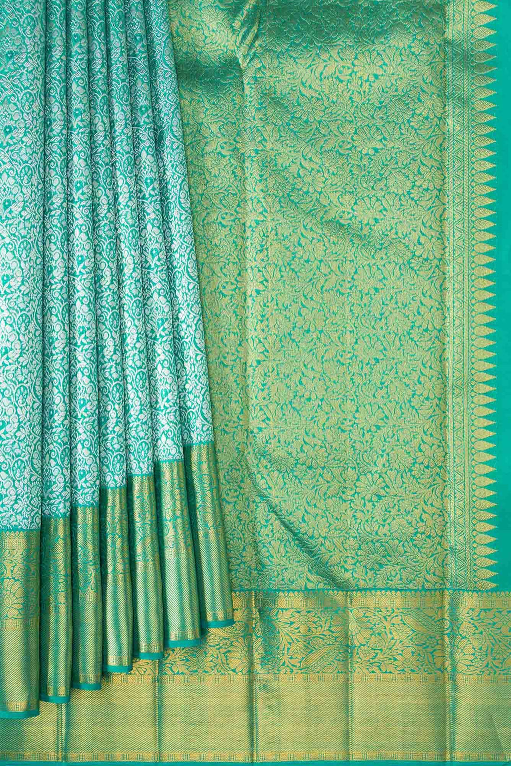 Pure Silk Pure Zari Sea Green Dual Tone Kanchipuram Tissue Saree