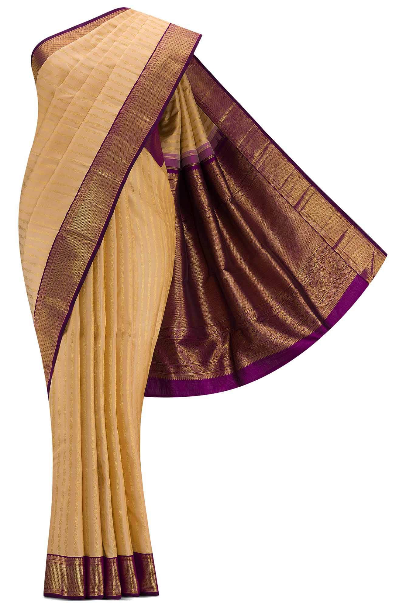 Pure Silk Pure Zari Golden Peach Dual Tone Kanchipuram Saree