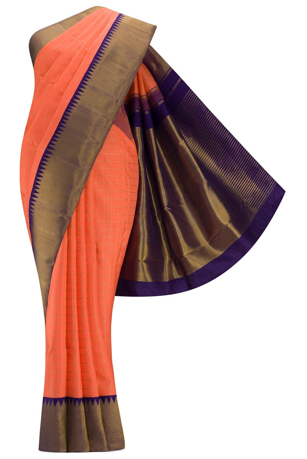 Pure Silk Pure Zari Peach Dual Tone Kanchipuram Saree