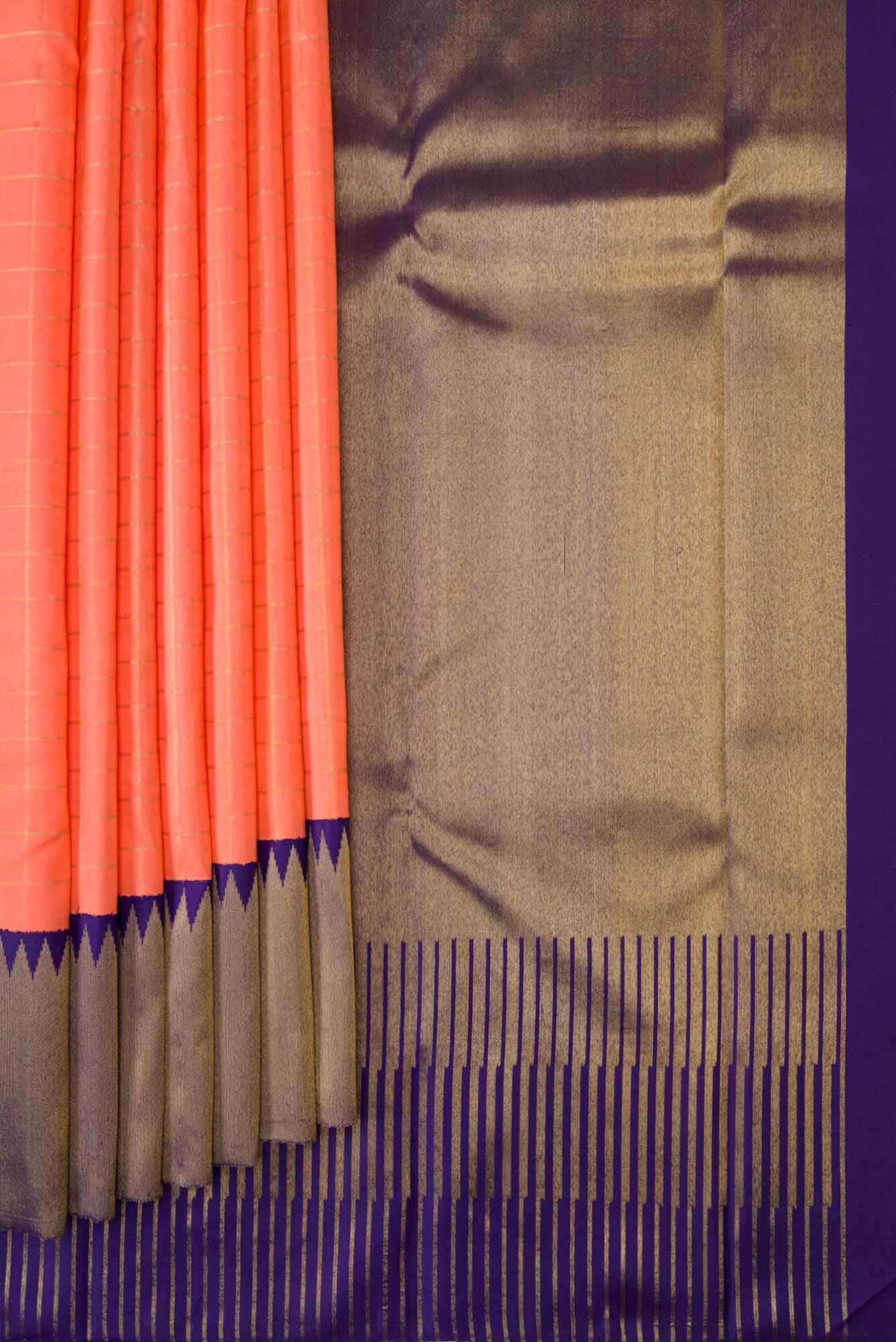 Pure Silk Pure Zari Peach Dual Tone Kanchipuram Saree