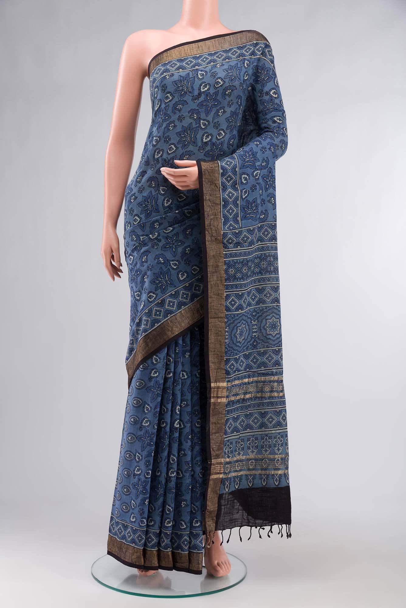 Blue Linen Cotton Saree