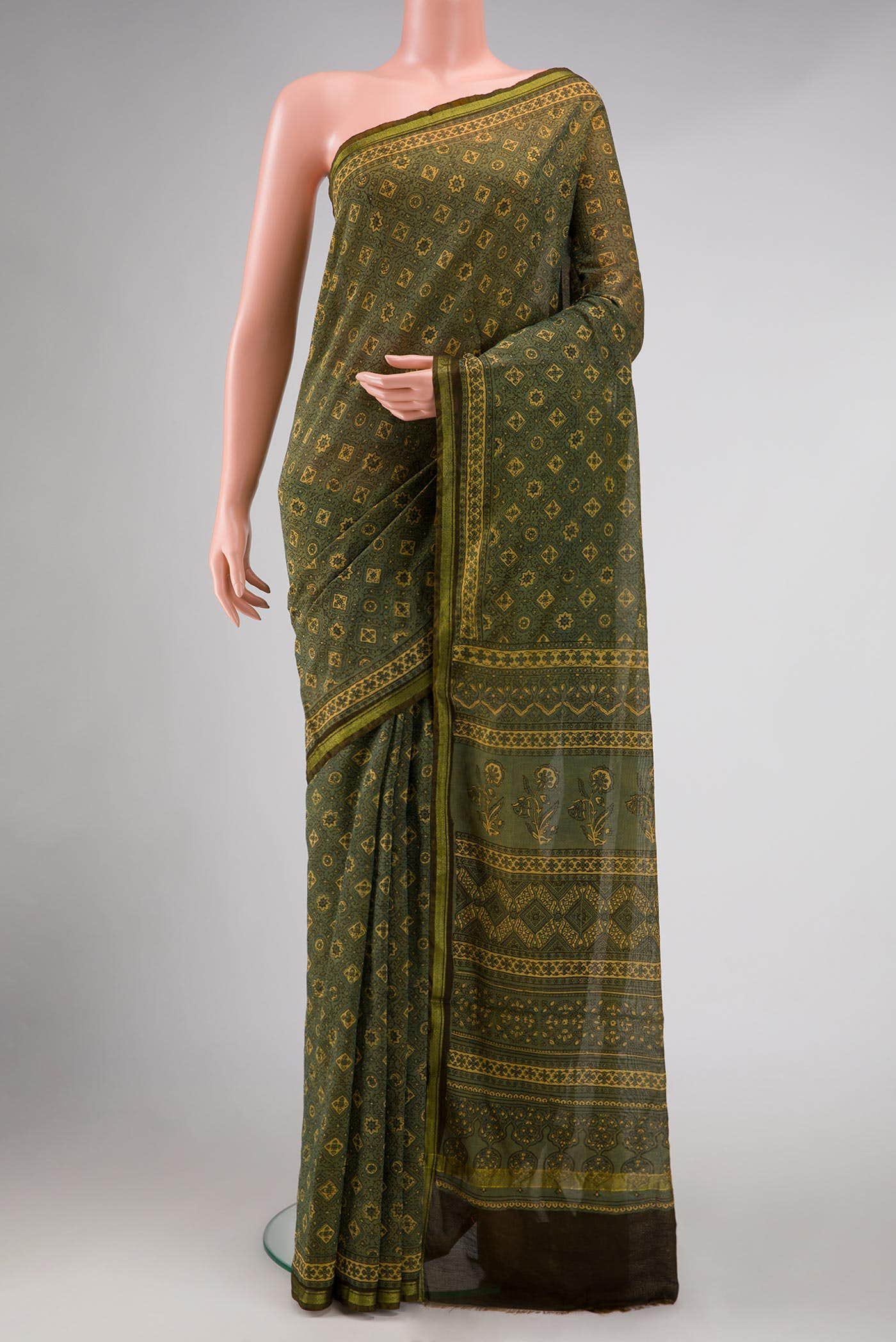 Olive Green Chanderi Silk Cotton Saree