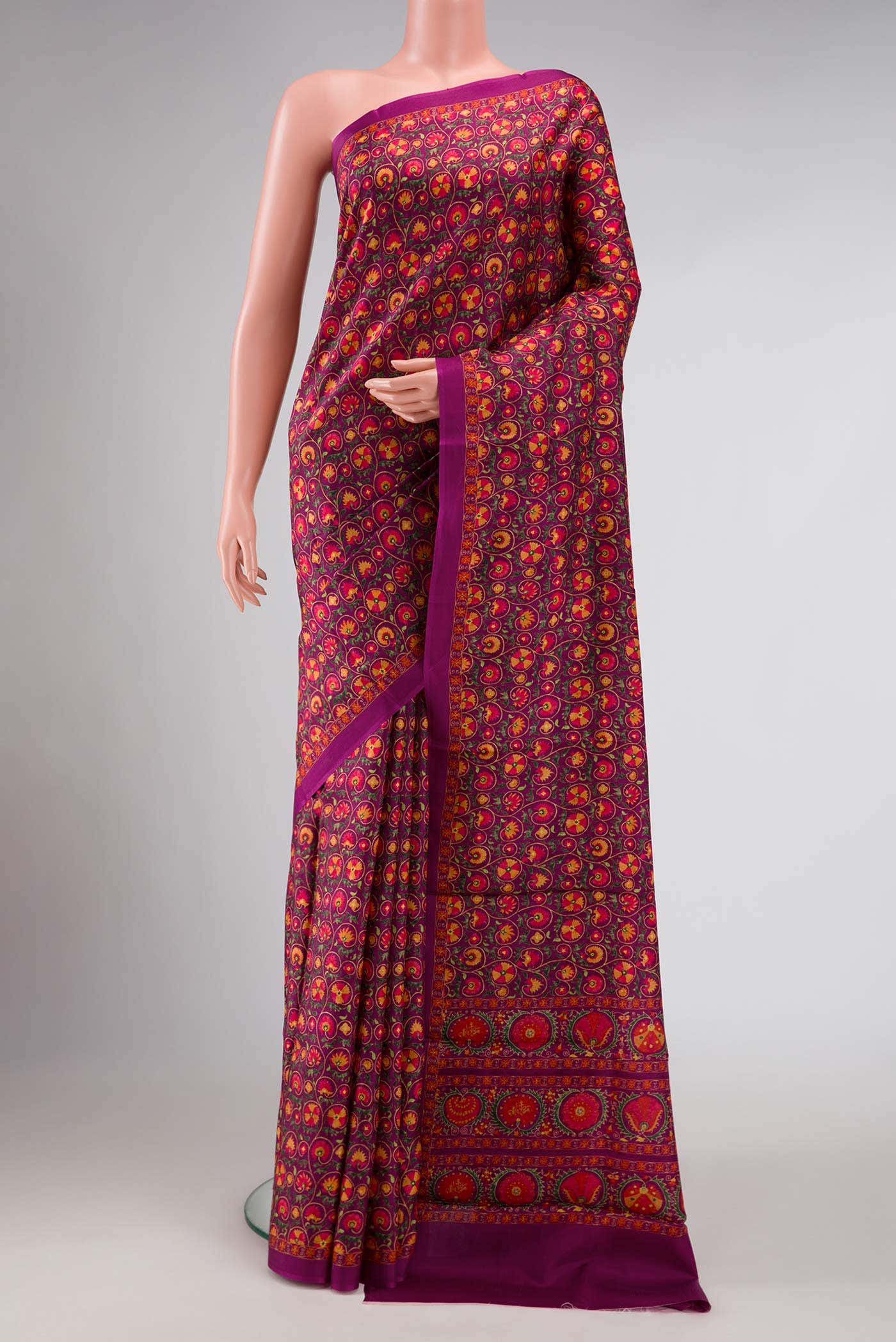 Magenta Printed Silk Saree