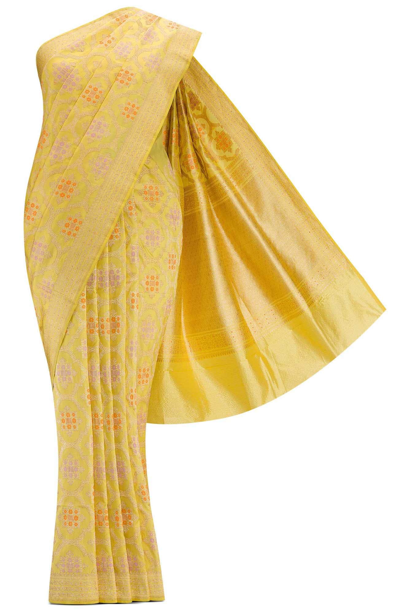 Pure Silk Pure Zari Yellow Dual Tone Banarasi Saree