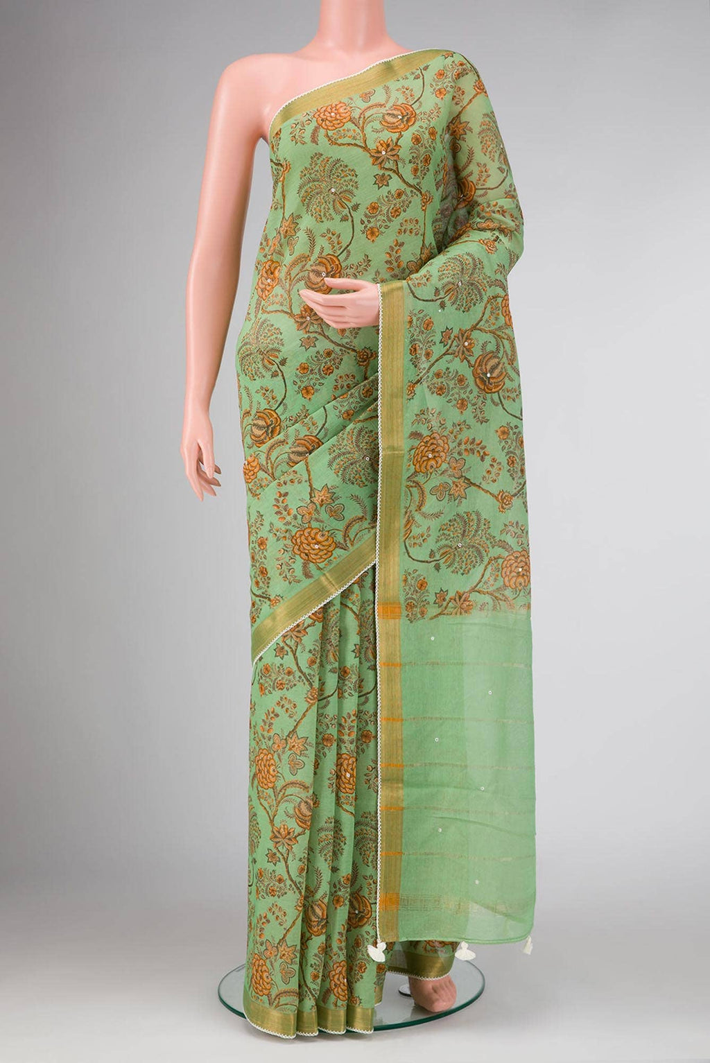 Pista Green Dual Tone Blended Chanderi Silk Cotton Saree