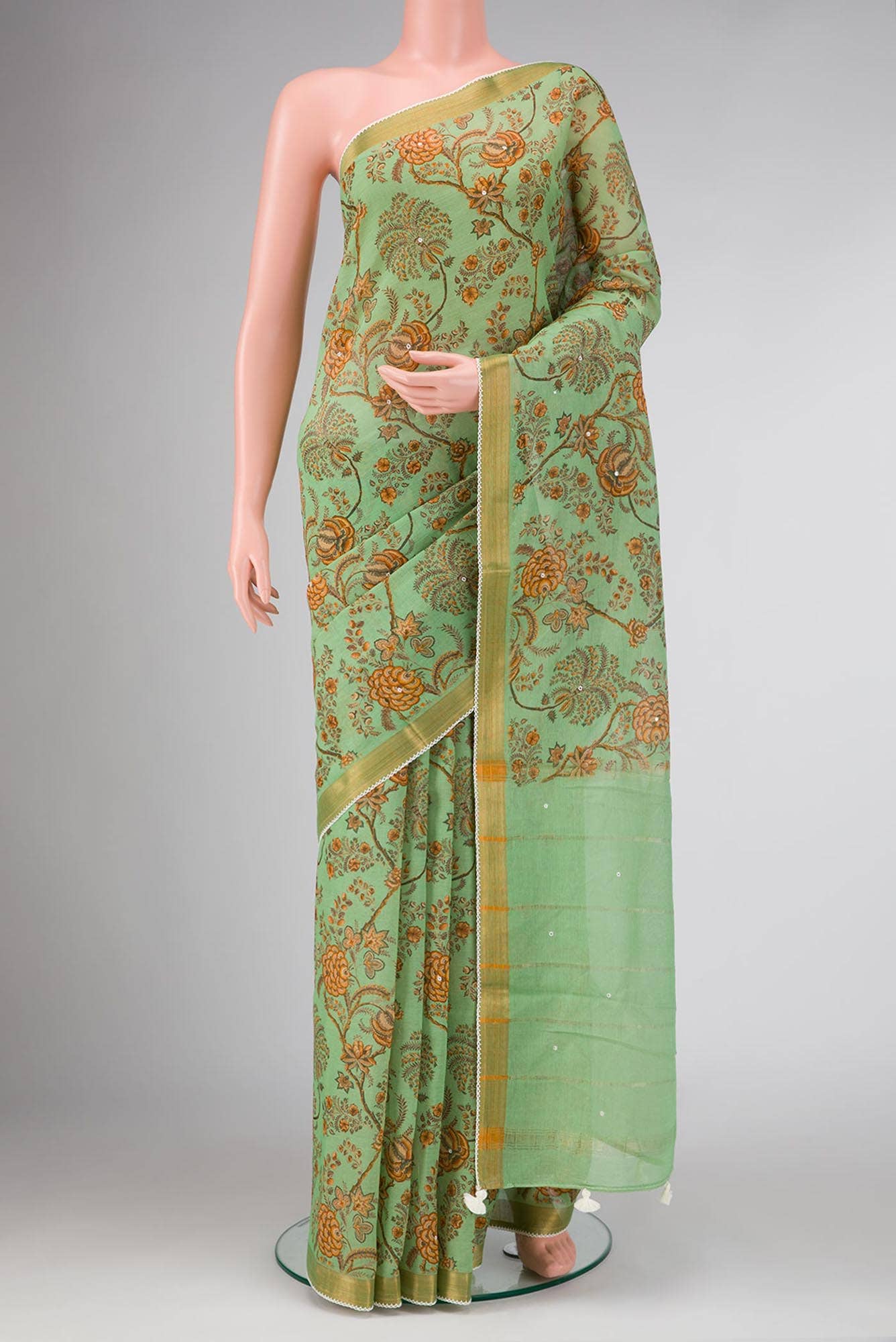Pista Green Dual Tone Blended Chanderi Silk Cotton Saree