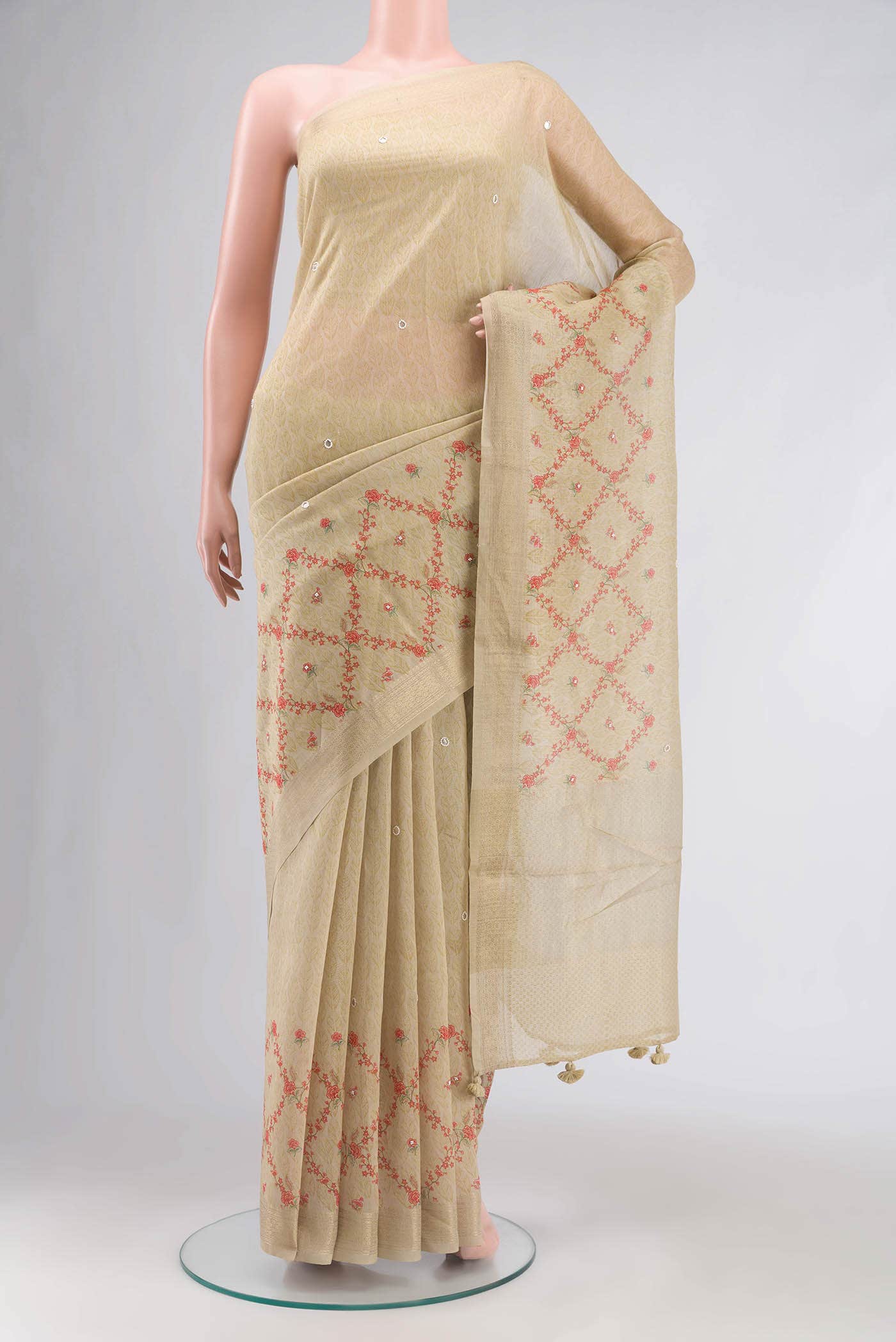 Beige Tussar Silk Saree