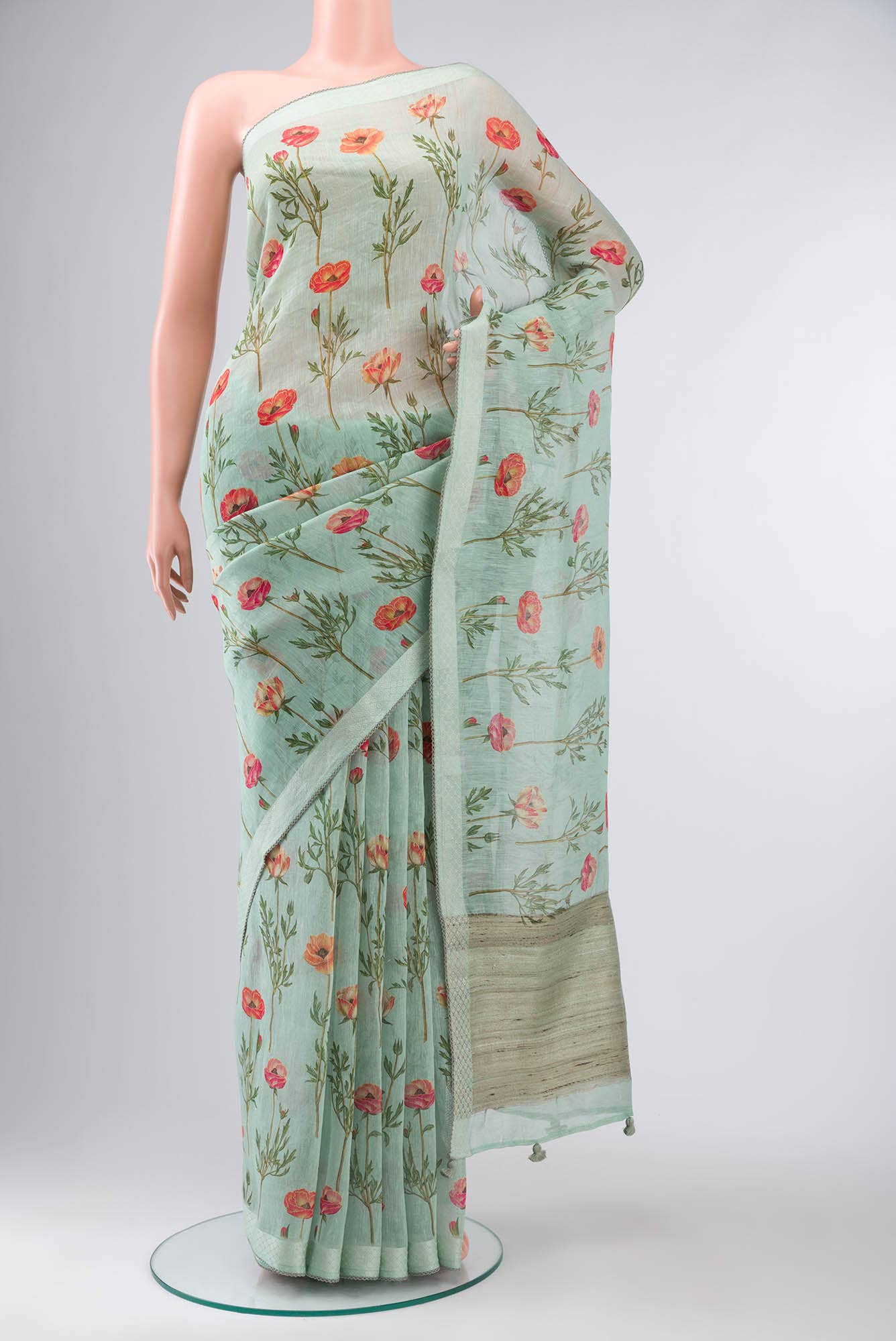 Sea Green Linen Saree
