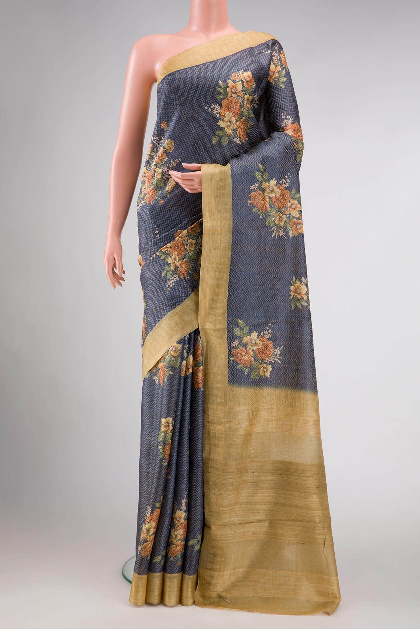 Navy Blue Tussar Silk Saree