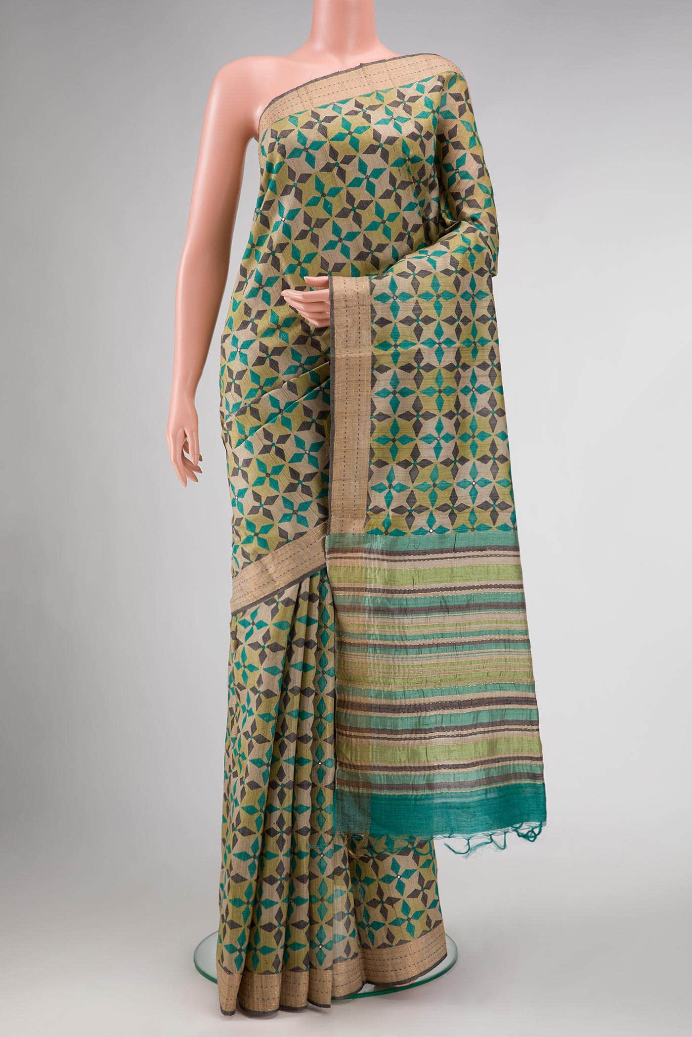 Beige Tussar Silk Saree
