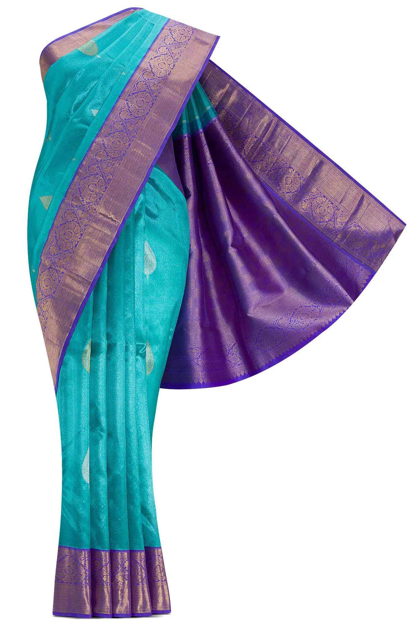 Pure Silk Pure Zari Blue Dual Tone Kanchipuram Tissue Saree