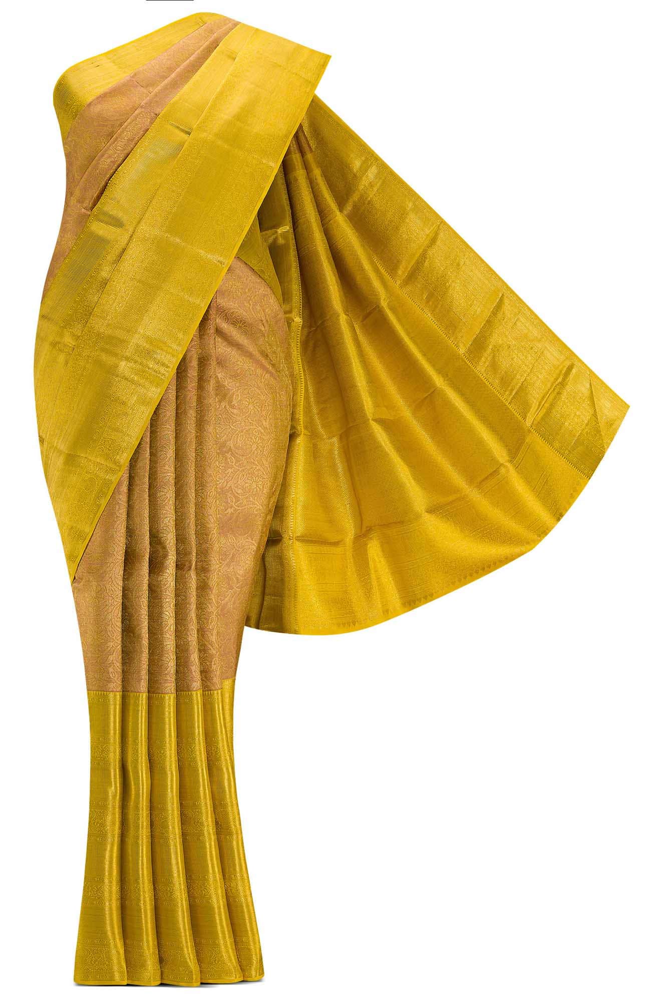 Pure Silk Pure Zari Golden Peach Dual Tone Kanchipuram Saree