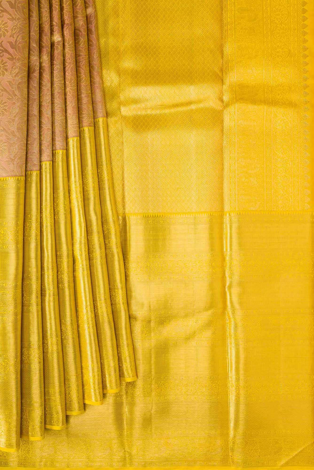 Pure Silk Pure Zari Golden Peach Dual Tone Kanchipuram Saree