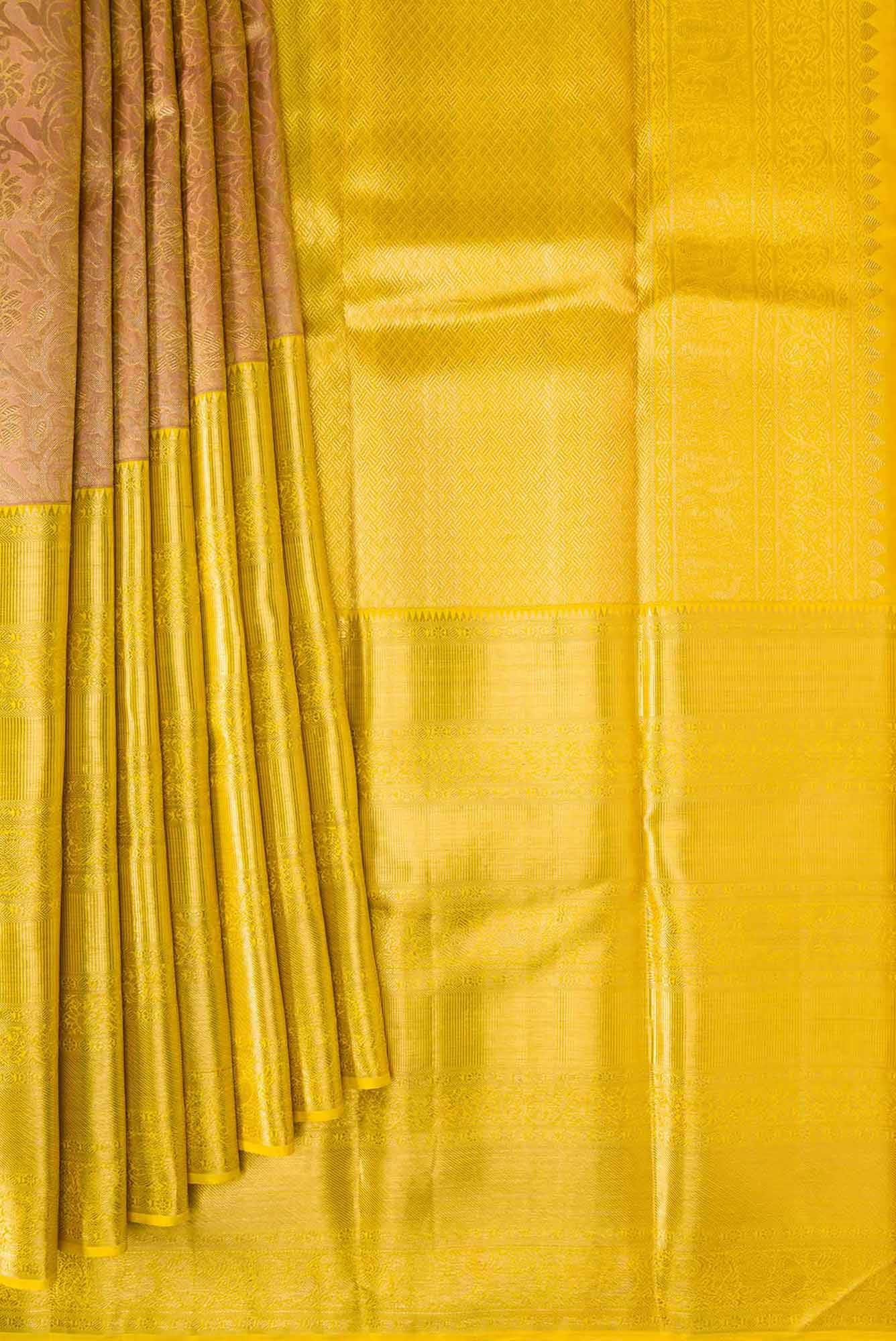 Pure Silk Pure Zari Golden Peach Dual Tone Kanchipuram Saree