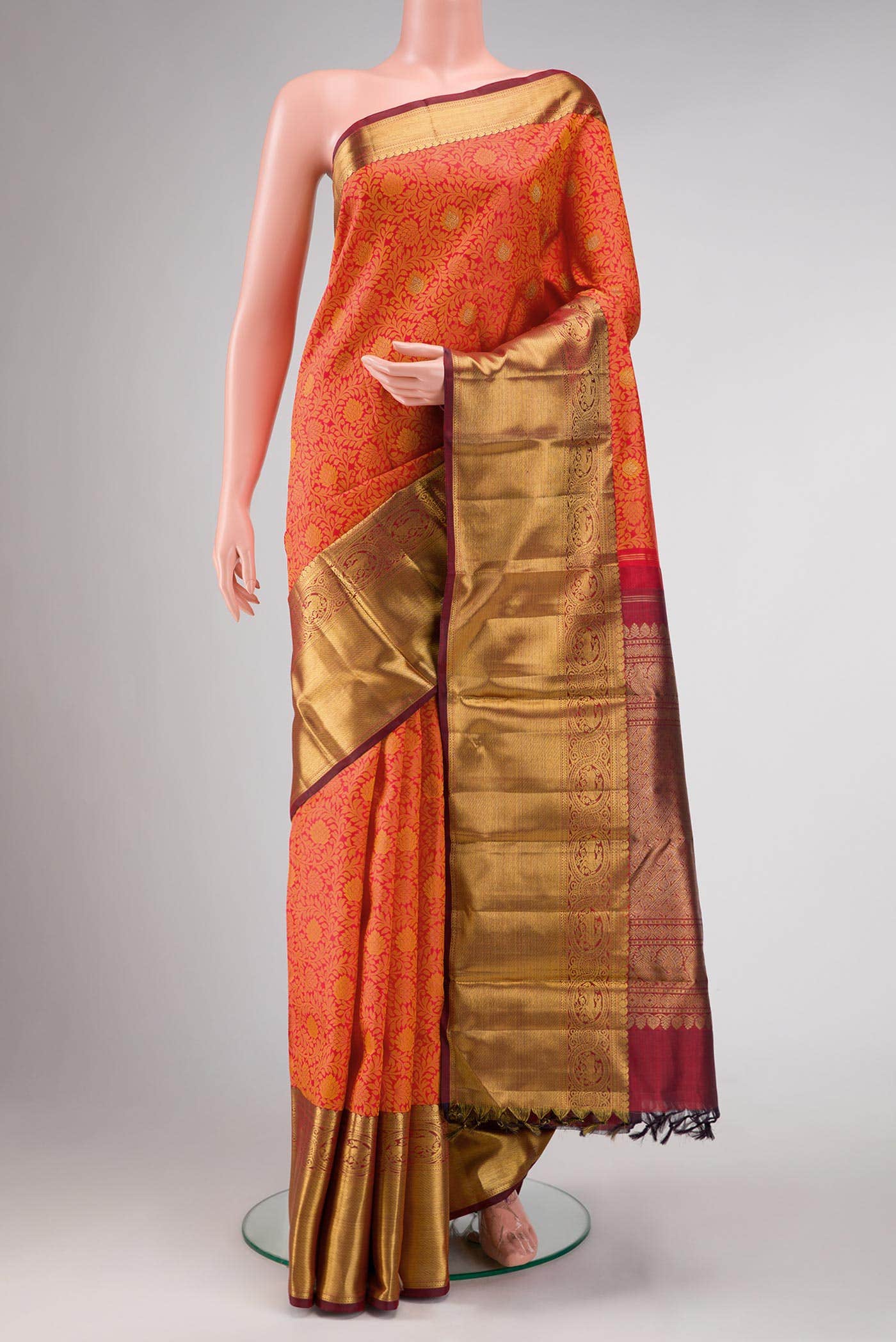 Pure Silk Pure Zari Brick Orange Dual Tone Kanchipuram Saree