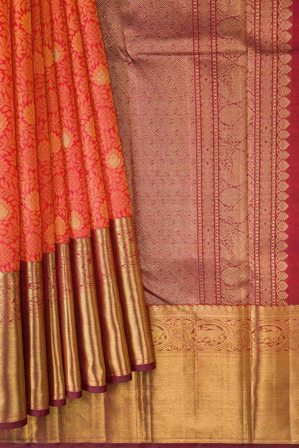 Pure Silk Pure Zari Brick Orange Dual Tone Kanchipuram Saree
