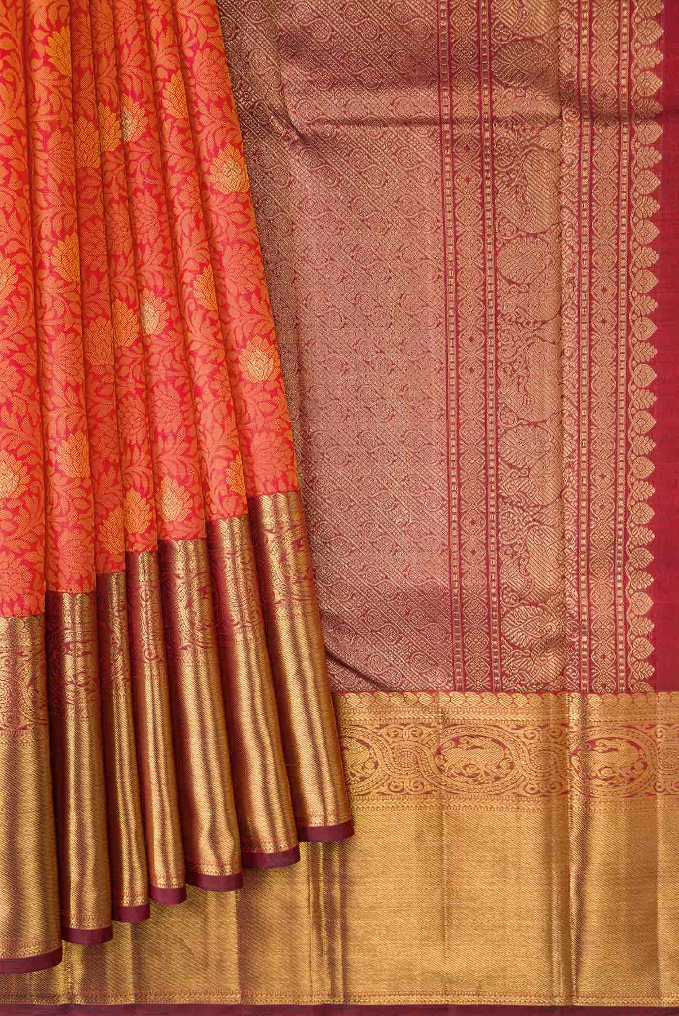 Pure Silk Pure Zari Brick Orange Dual Tone Kanchipuram Saree