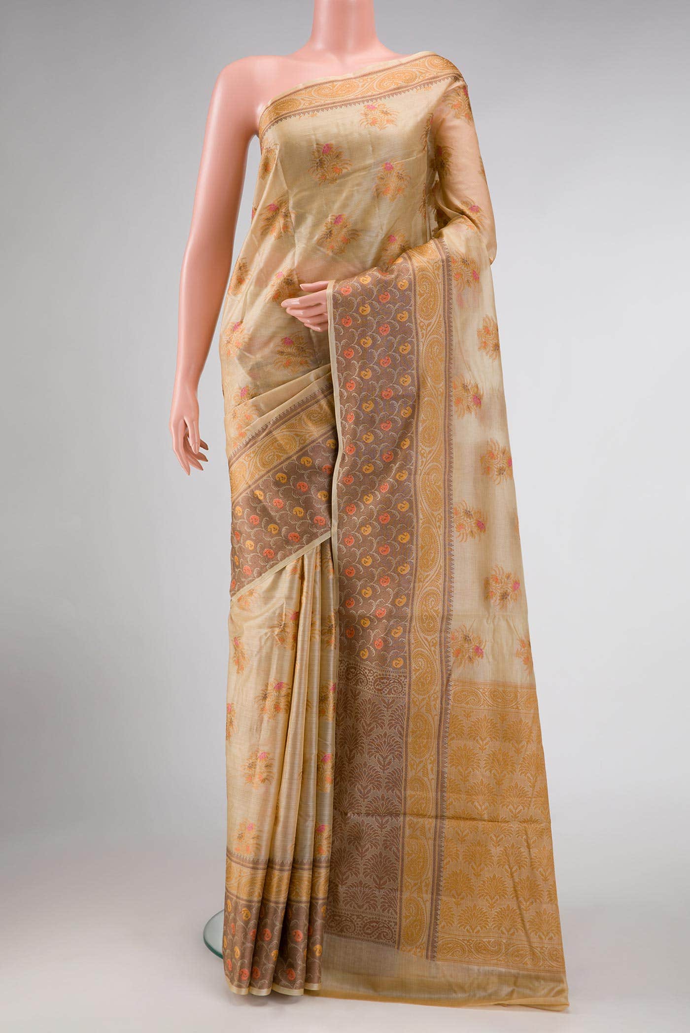 Beige Blended Tussar Silk Saree