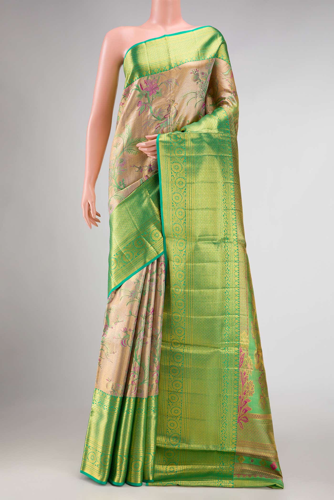 Rose Gold Dual Tone Kanchipuram Tissue Silk Saree