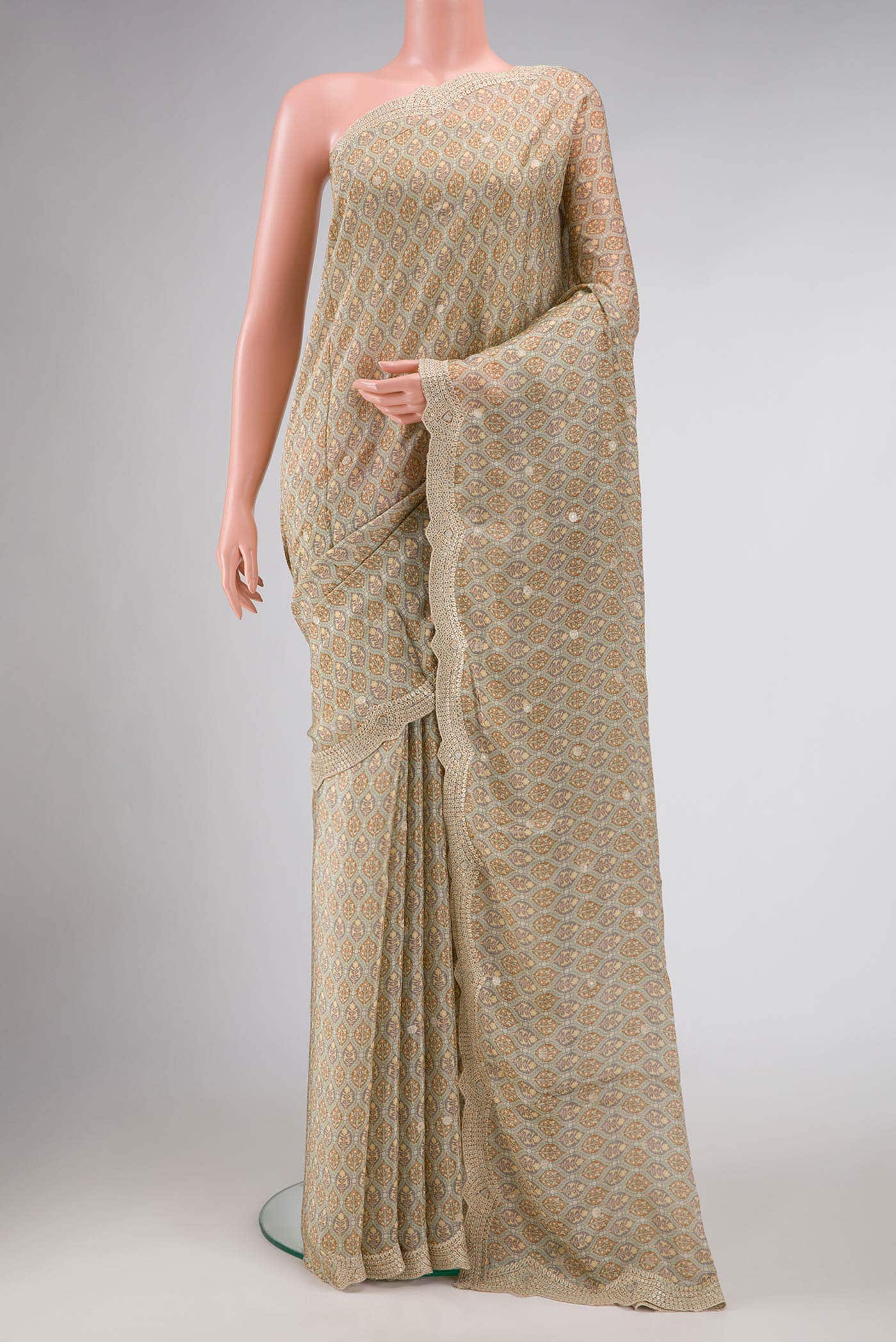 Beige Satin Crepe Saree