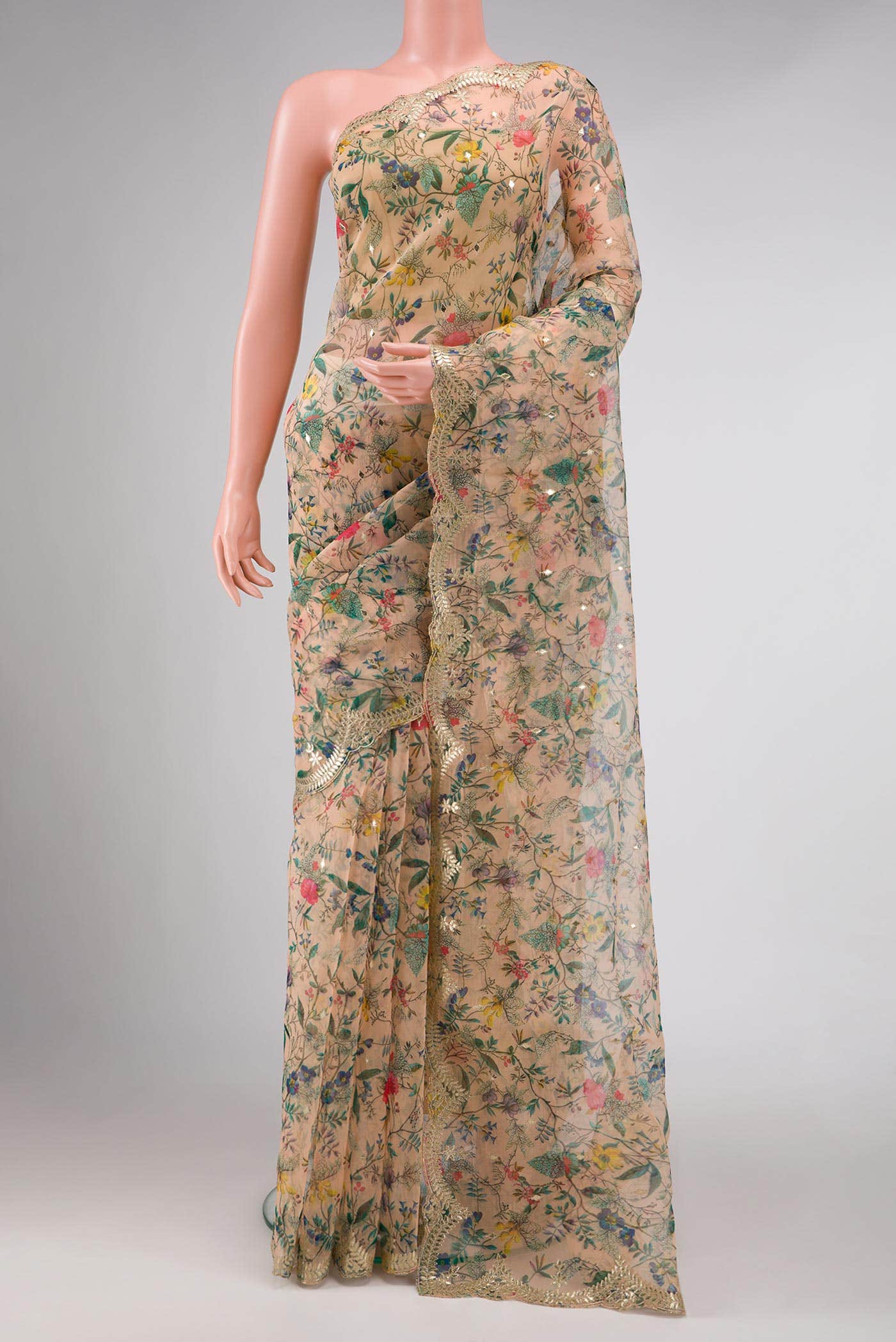 Golden Peach Organza Silk Saree