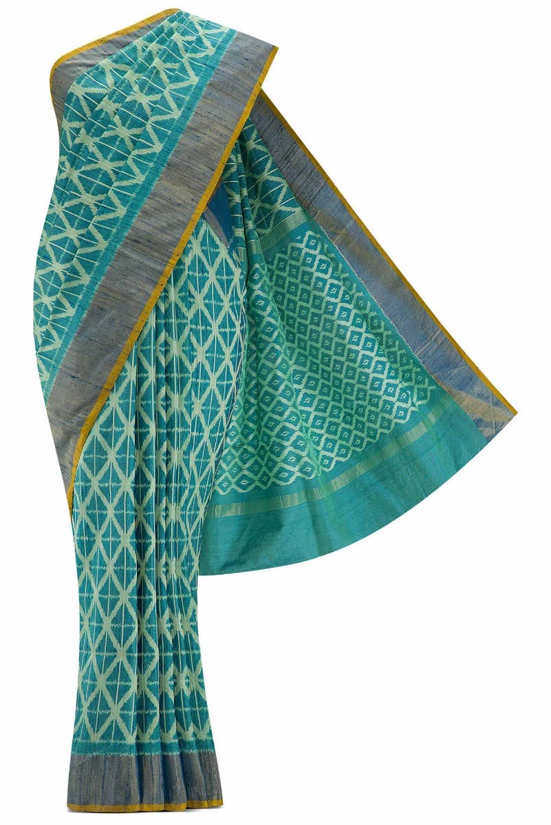 Green and Blue Dual Tone Raw Silk Saree