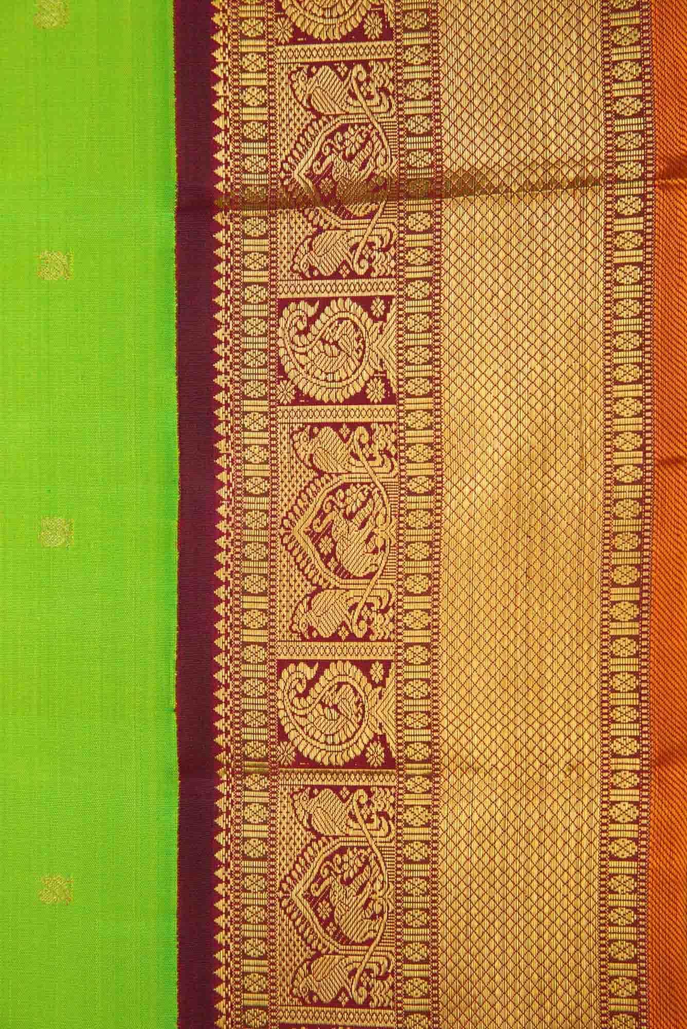 Pure Silk Pure Zari Parrot Green Dual Tone Kanchipuram Saree