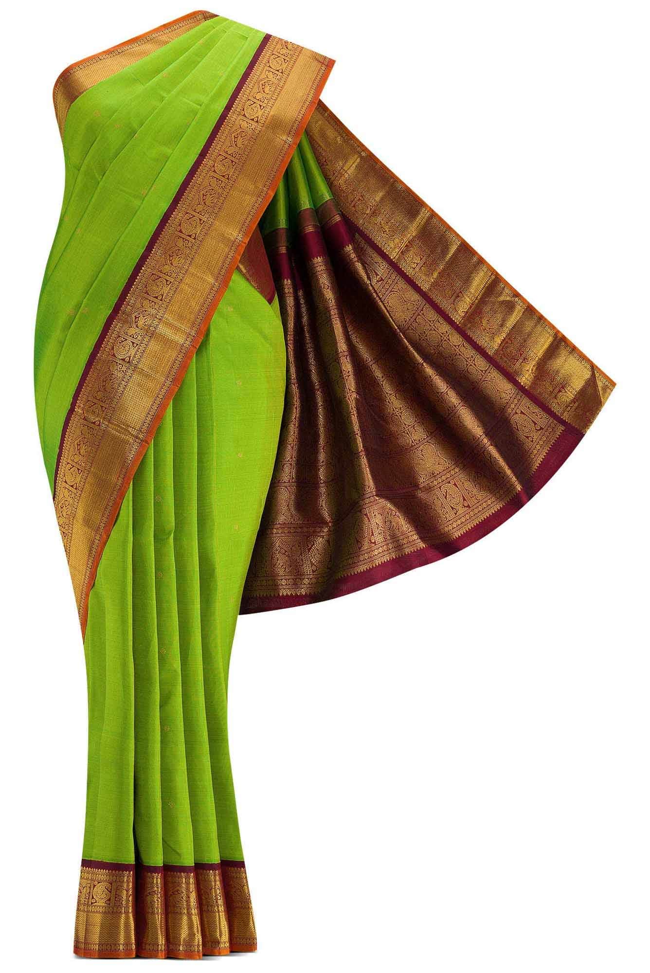 Pure Silk Pure Zari Parrot Green Dual Tone Kanchipuram Saree