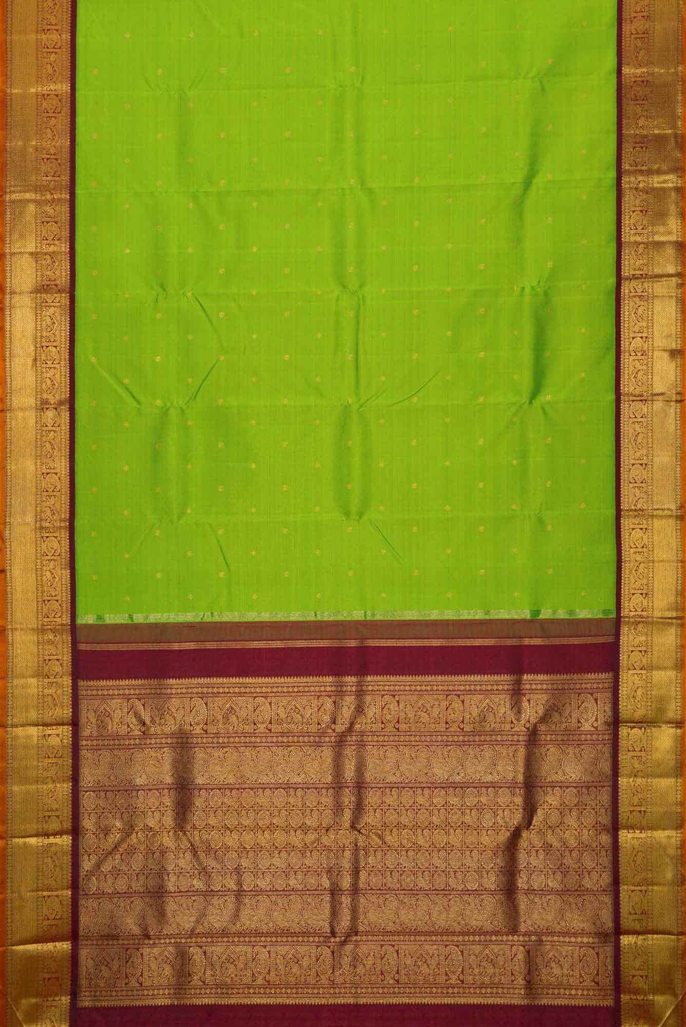 Pure Silk Pure Zari Parrot Green Dual Tone Kanchipuram Saree