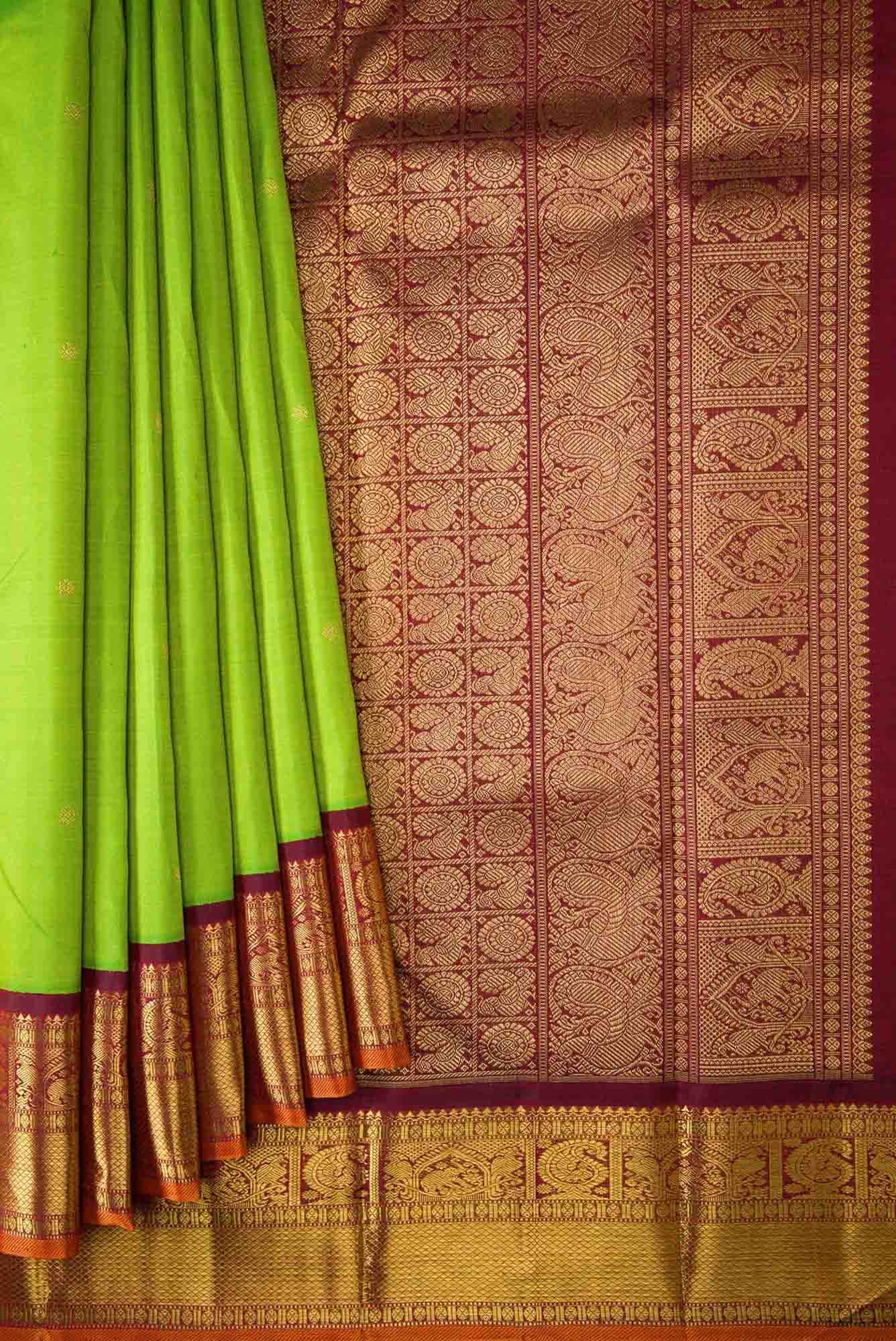 Pure Silk Pure Zari Parrot Green Dual Tone Kanchipuram Saree
