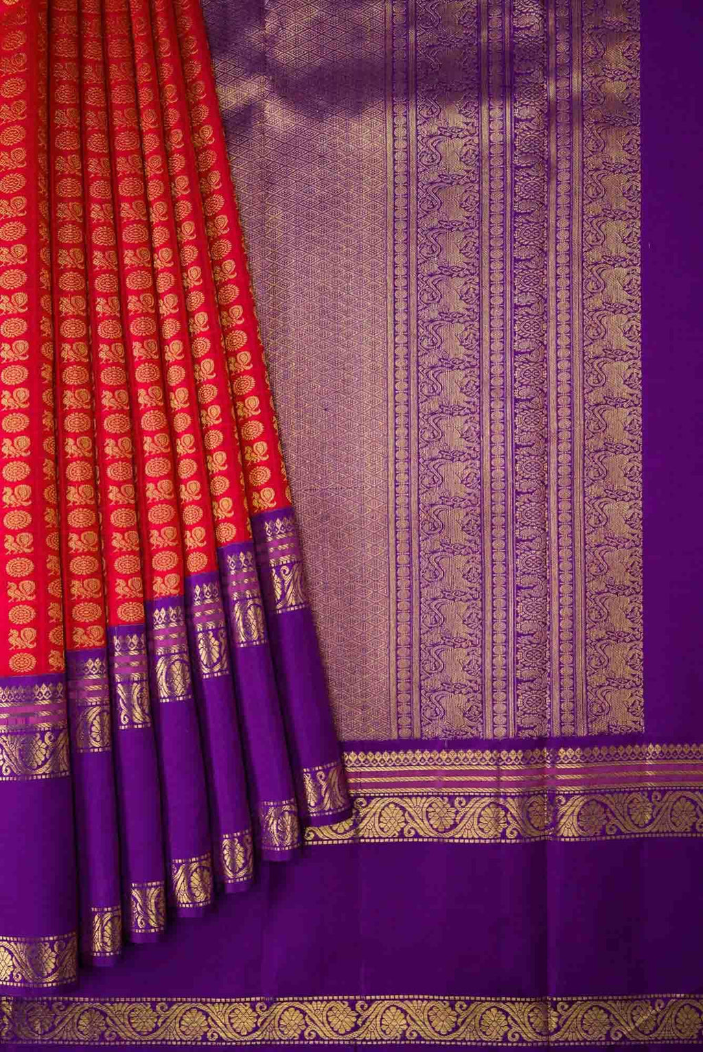 Pure Silk Pure Zari Red Dual Tone Kanchipuram Saree