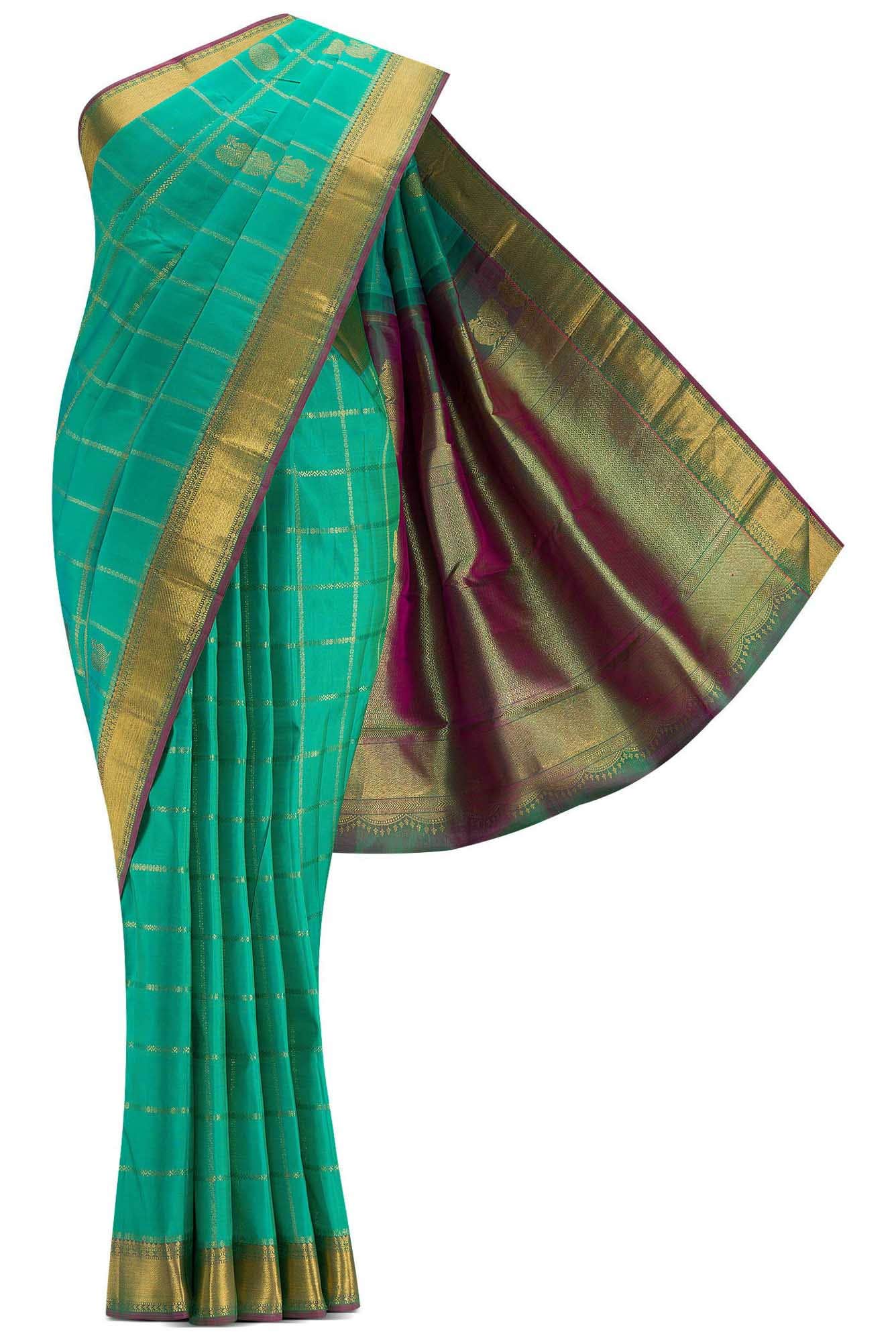 Pure Silk Pure Zari Sea Green Dual Tone Kanchipuram Saree