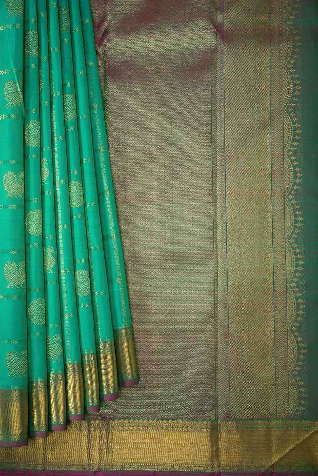 Pure Silk Pure Zari Sea Green Dual Tone Kanchipuram Saree