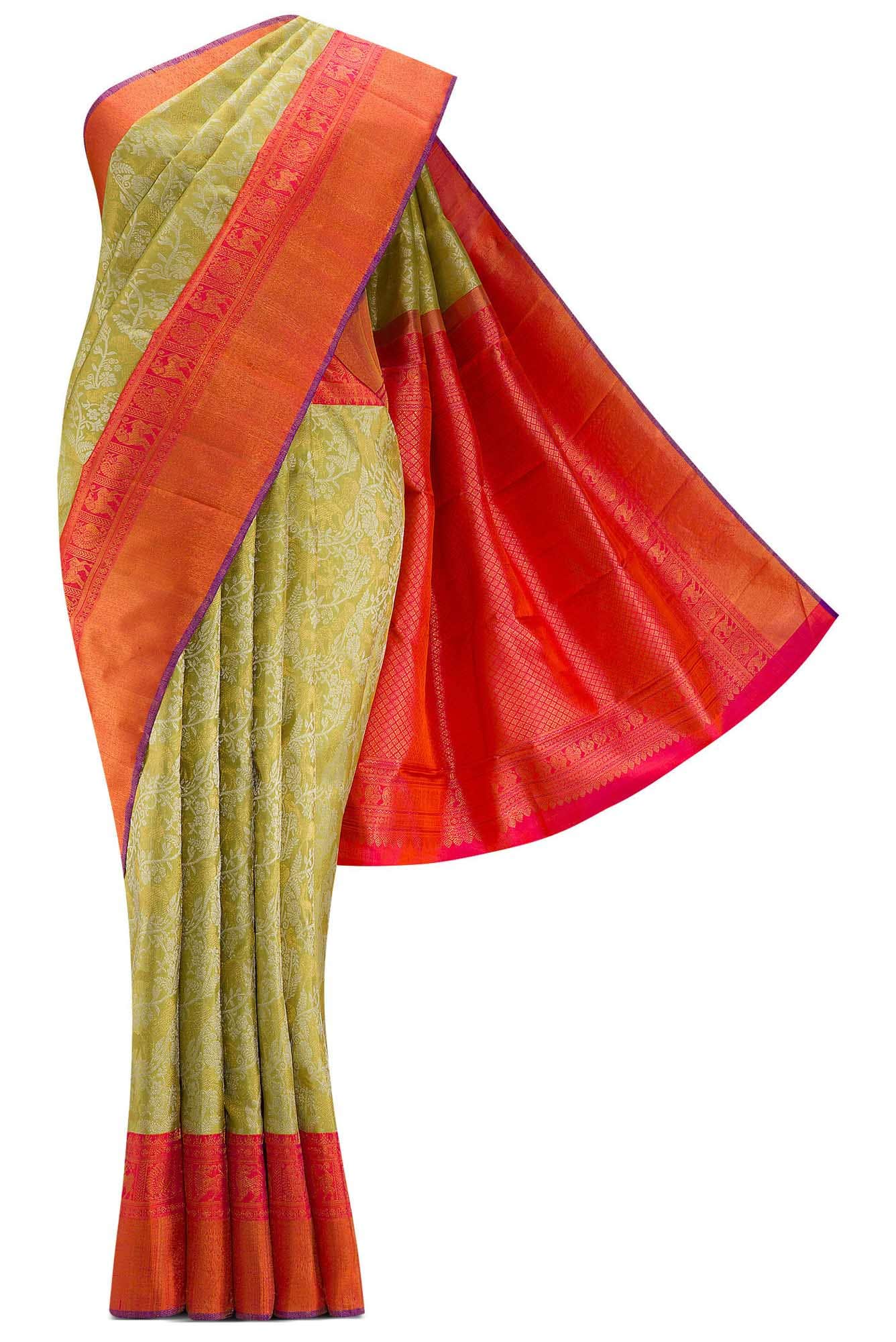 Pure Silk Pure Zari Pista Green Dual Tone Kanchipuram Saree