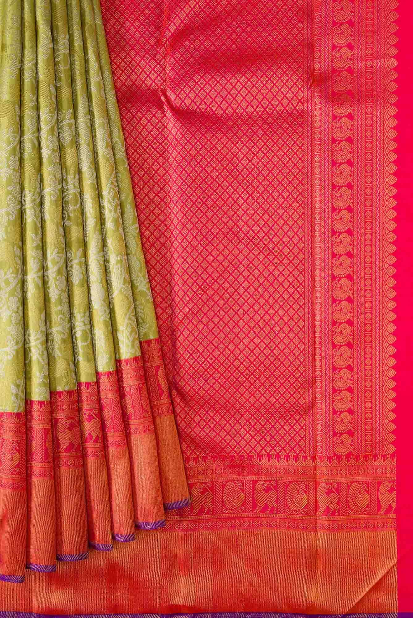 Pure Silk Pure Zari Pista Green Dual Tone Kanchipuram Saree