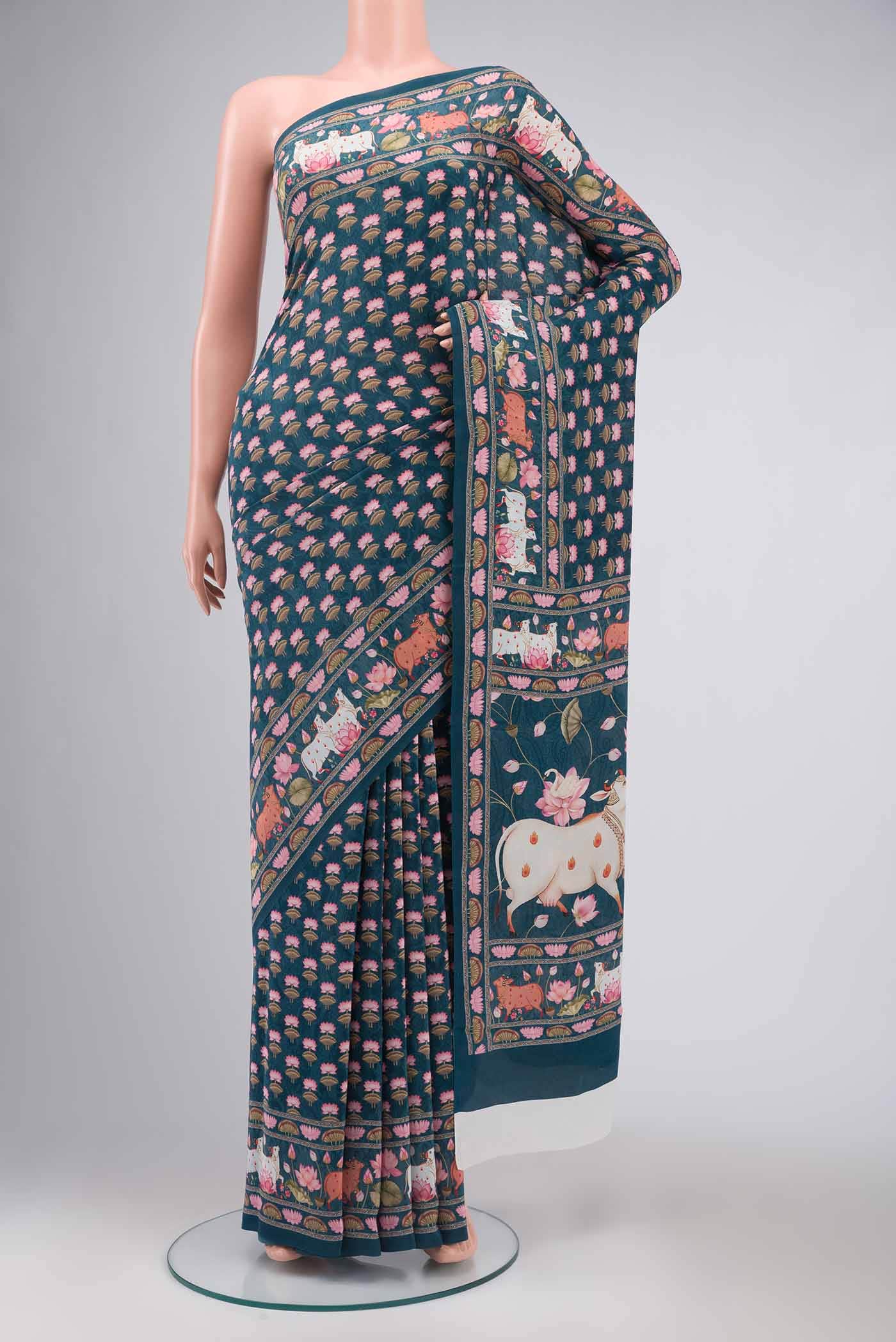 Blue Mysore Crepe Saree